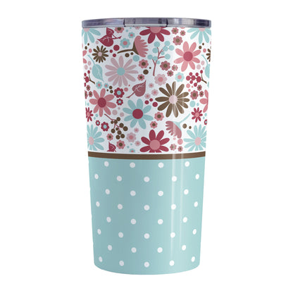 Berry Blue Summer Flowers Polka Dot Tumbler Cup (20oz) at Amy's Coffee Mugs. A stainless steel tumbler cup designed with a pretty floral pattern in a gorgeous berry pink color palette with light blue and brown along the top, and a light blue polka dot pattern along the bottom. These patterns wrap around the cup.