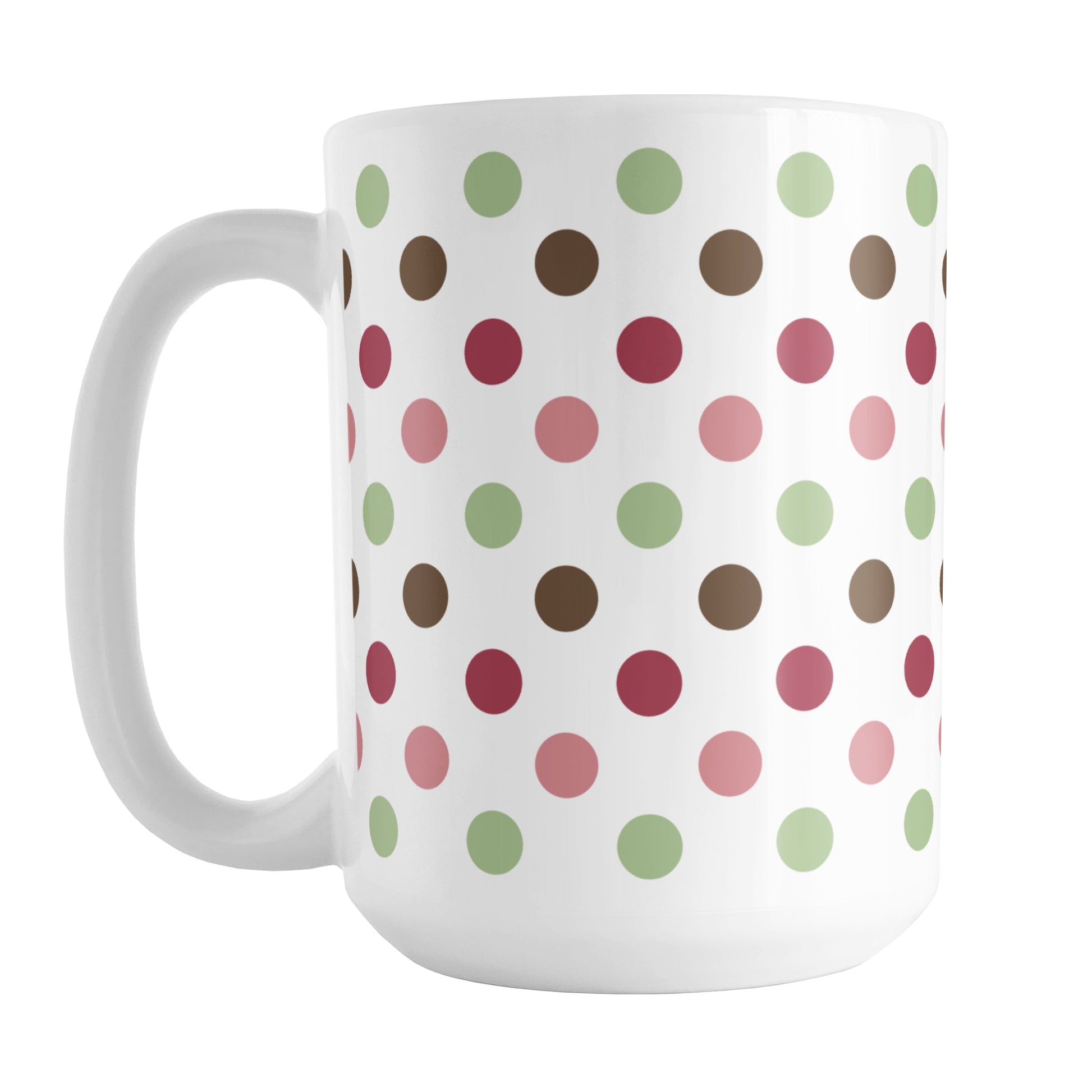 Berry Green Polka Dots Mug (15oz) at Amy's Coffee Mugs. A ceramic coffee mug designed with a polka dots pattern in a gorgeous color combination of berry pink hues, green, and brown over white. This pattern wraps around the mug up to the handle.