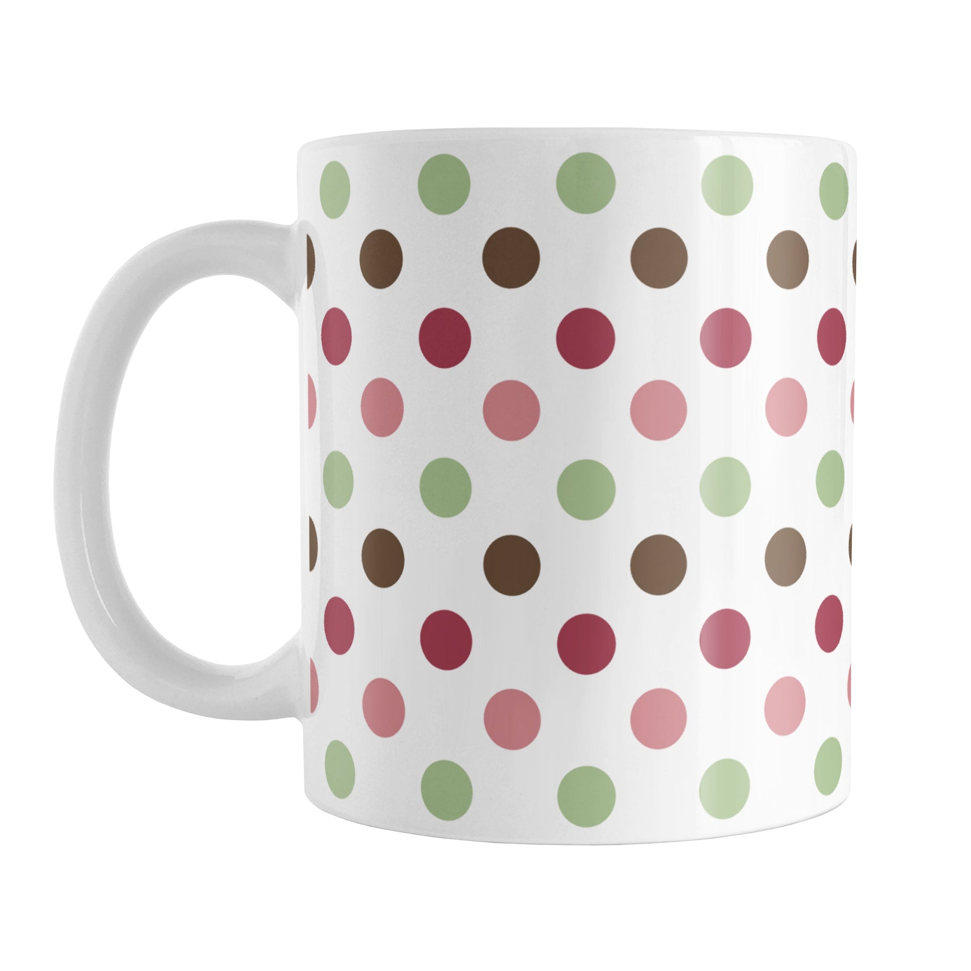 Berry Green Polka Dots Mug (11oz) at Amy's Coffee Mugs. A ceramic coffee mug designed with a polka dots pattern in a gorgeous color combination of berry pink hues, green, and brown over white. This pattern wraps around the mug up to the handle.