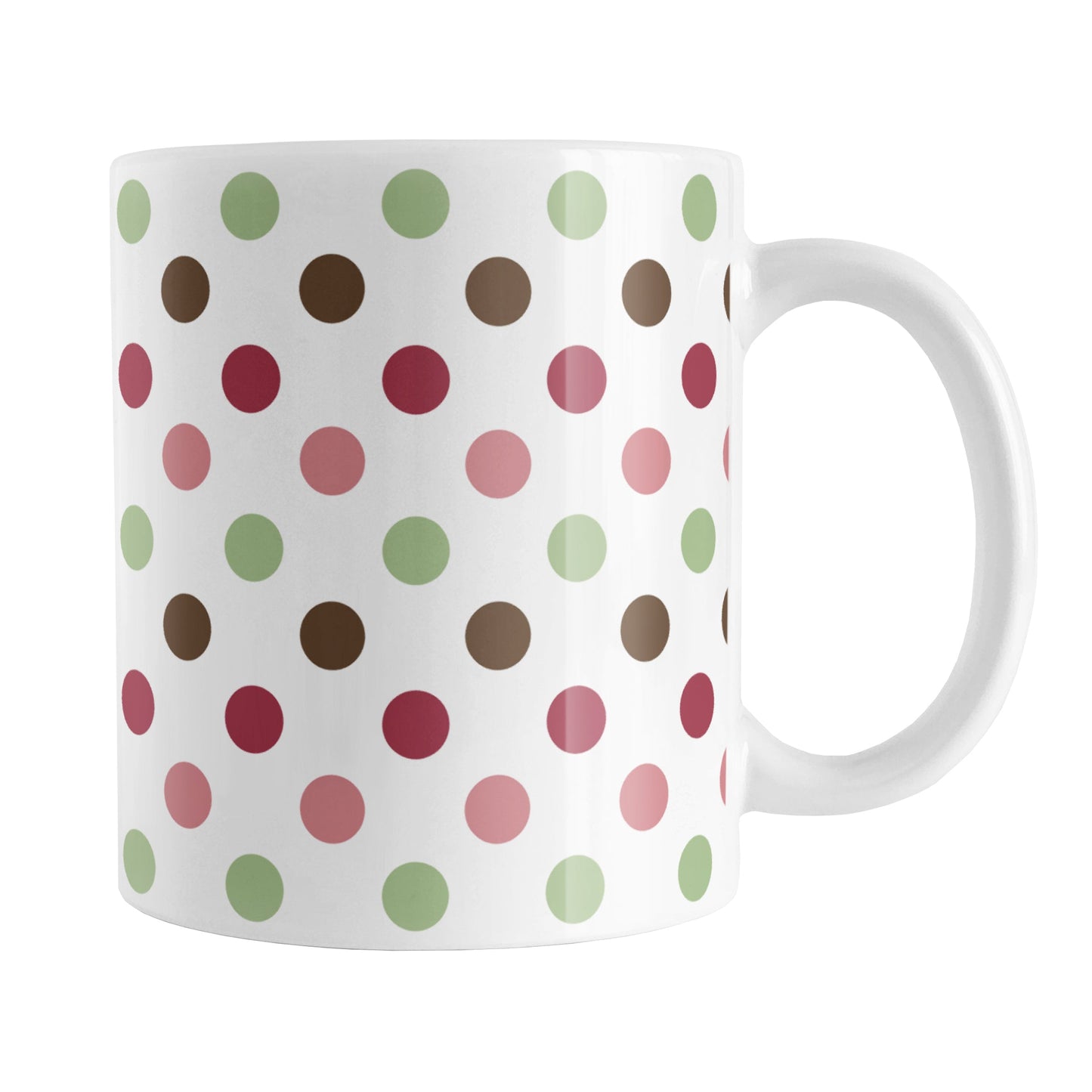 Berry Green Polka Dots Mug (11oz) at Amy's Coffee Mugs. A ceramic coffee mug designed with a polka dots pattern in a gorgeous color combination of berry pink hues, green, and brown over white. This pattern wraps around the mug up to the handle.