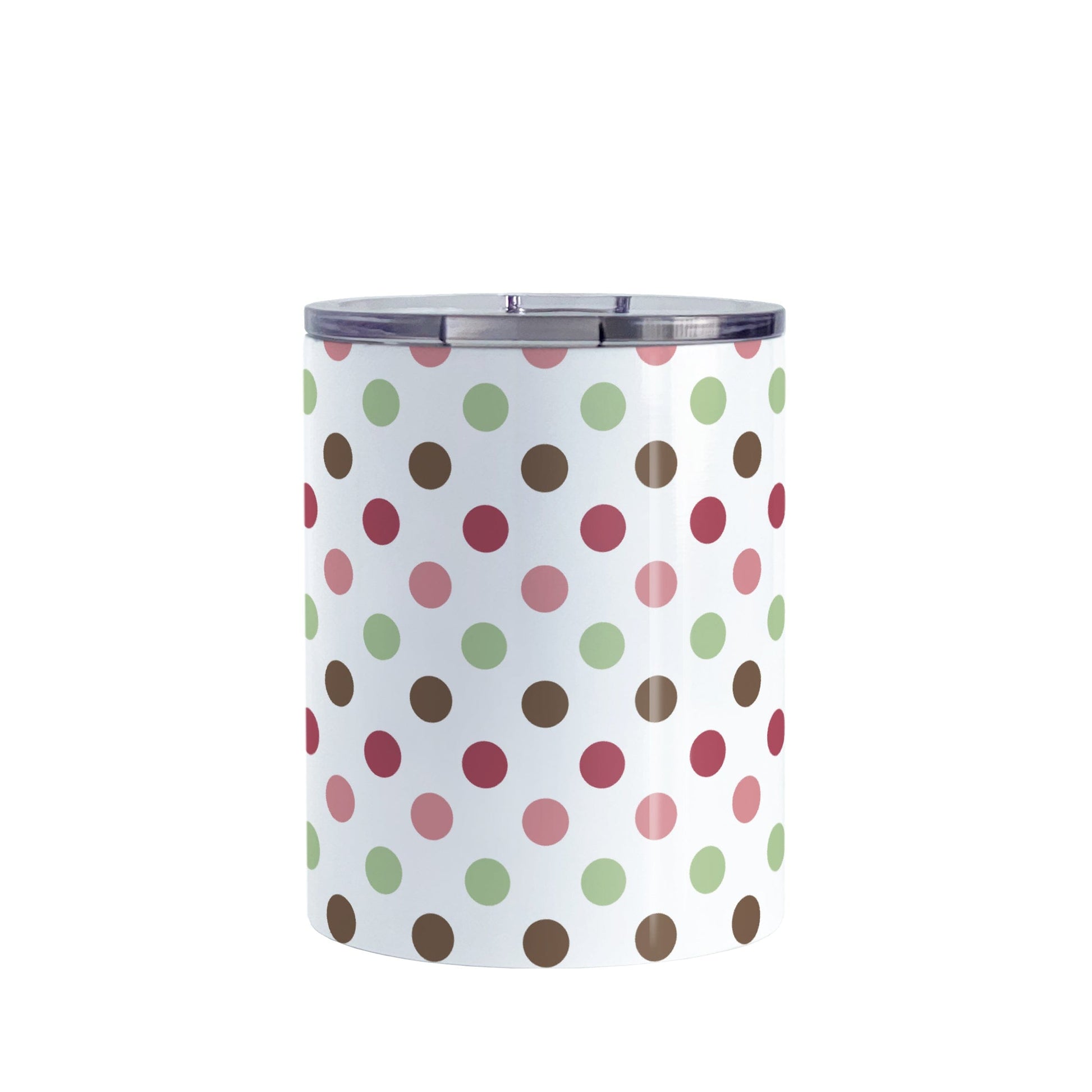 Berry Green Polka Dots Tumbler Cup (10oz) at Amy's Coffee Mugs. A stainless steel tumbler cup designed with a pattern of polka dots a color palette of berry pink hues, sage green, and brown that wraps around the cup.