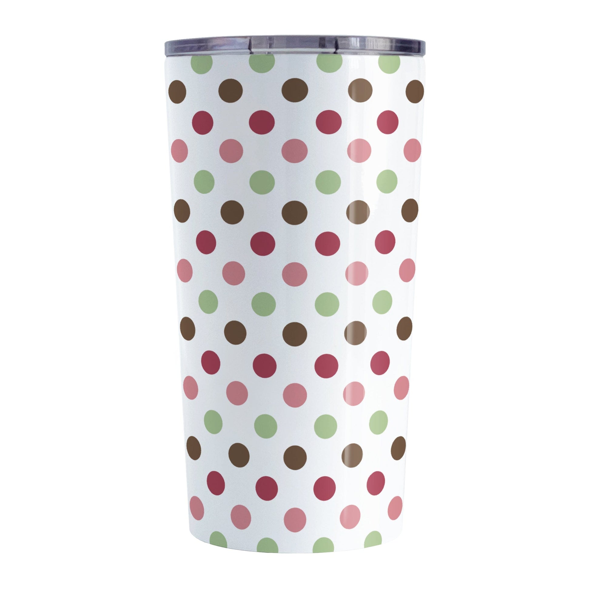 Berry Green Polka Dots Tumbler Cup (20oz) at Amy's Coffee Mugs. A stainless steel tumbler cup designed with a pattern of polka dots a color palette of berry pink hues, sage green, and brown that wraps around the cup.
