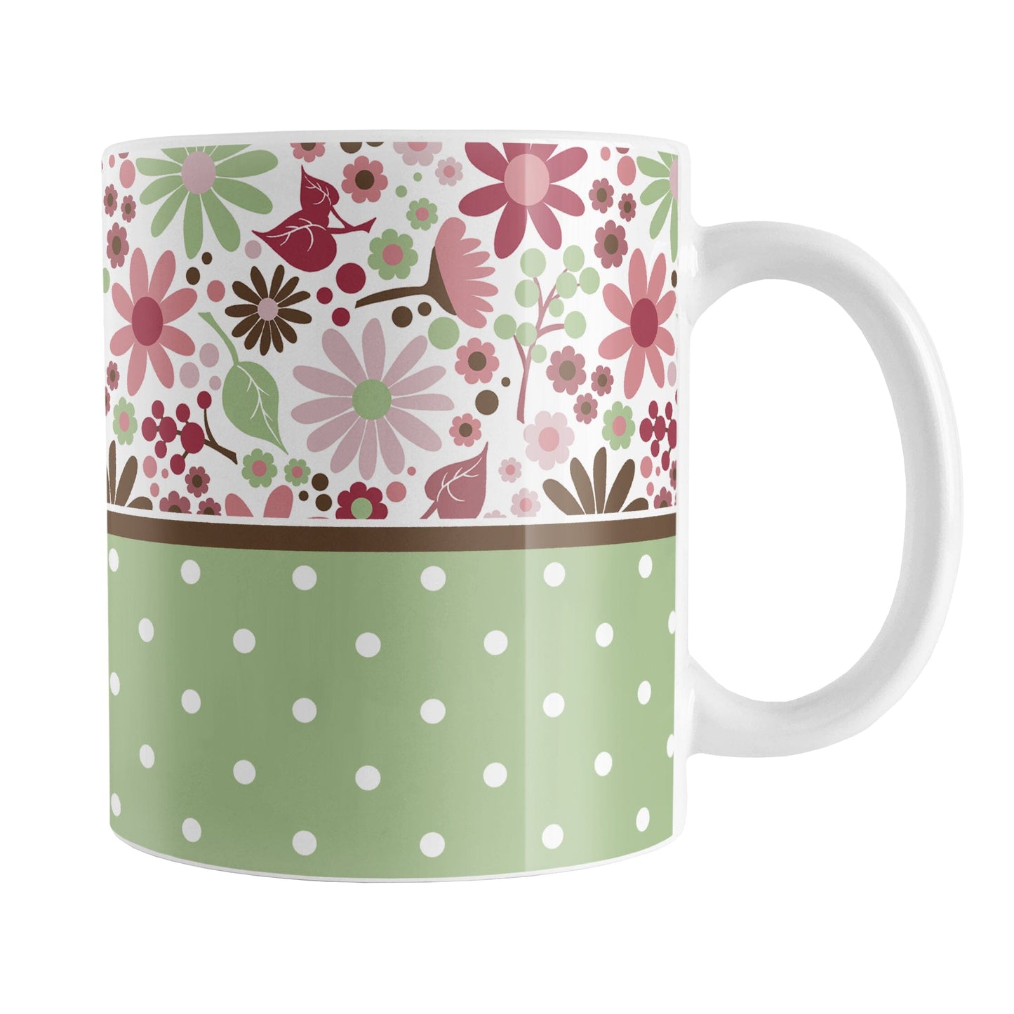 Berry Green Summer Flowers Polka Dot Mug (11oz) at Amy's Coffee Mugs. A ceramic coffee mug designed with a pretty floral pattern in a gorgeous berry pink color palette, with sage green and brown along the top, and a green polka dot pattern along the bottom. These patterns wrap around the mug to the handle.