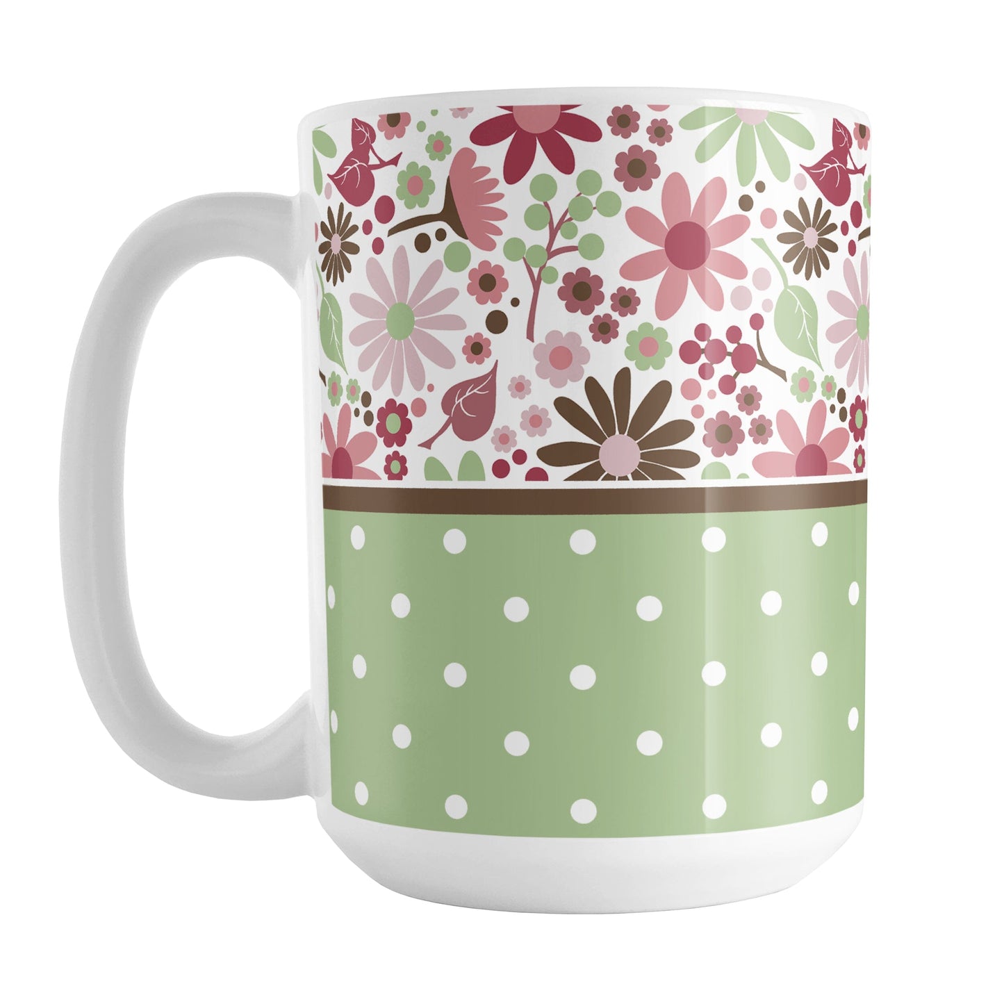 Berry Green Summer Flowers Polka Dot Mug (15oz) at Amy's Coffee Mugs. A ceramic coffee mug designed with a pretty floral pattern in a gorgeous berry pink color palette, with sage green and brown along the top, and a green polka dot pattern along the bottom. These patterns wrap around the mug to the handle.