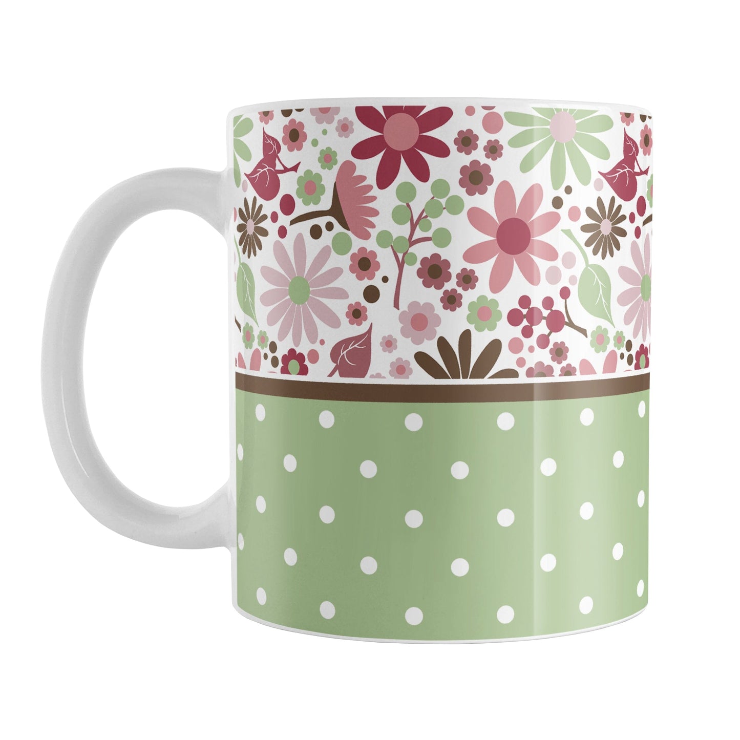 Berry Green Summer Flowers Polka Dot Mug (11oz) at Amy's Coffee Mugs. A ceramic coffee mug designed with a pretty floral pattern in a gorgeous berry pink color palette, with sage green and brown along the top, and a green polka dot pattern along the bottom. These patterns wrap around the mug to the handle.