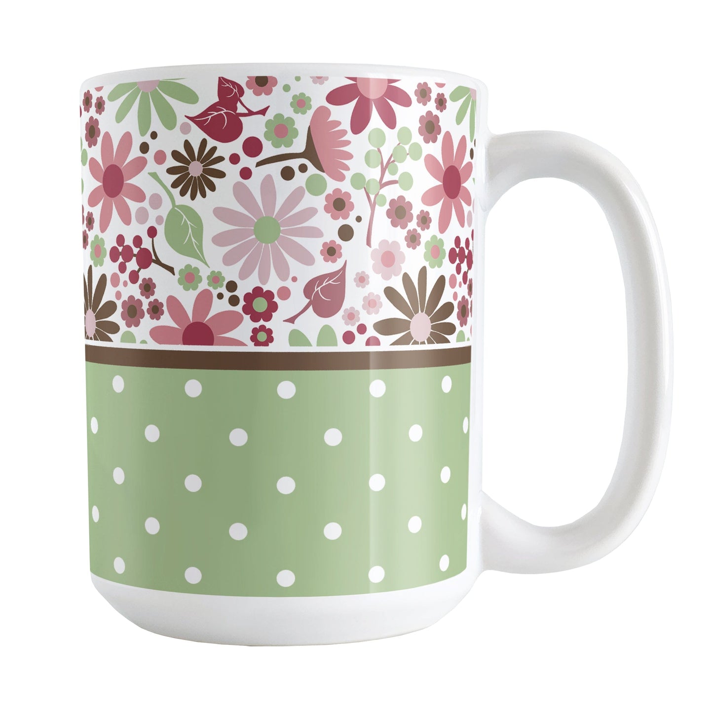 Berry Green Summer Flowers Polka Dot Mug (15oz) at Amy's Coffee Mugs. A ceramic coffee mug designed with a pretty floral pattern in a gorgeous berry pink color palette, with sage green and brown along the top, and a green polka dot pattern along the bottom. These patterns wrap around the mug to the handle.