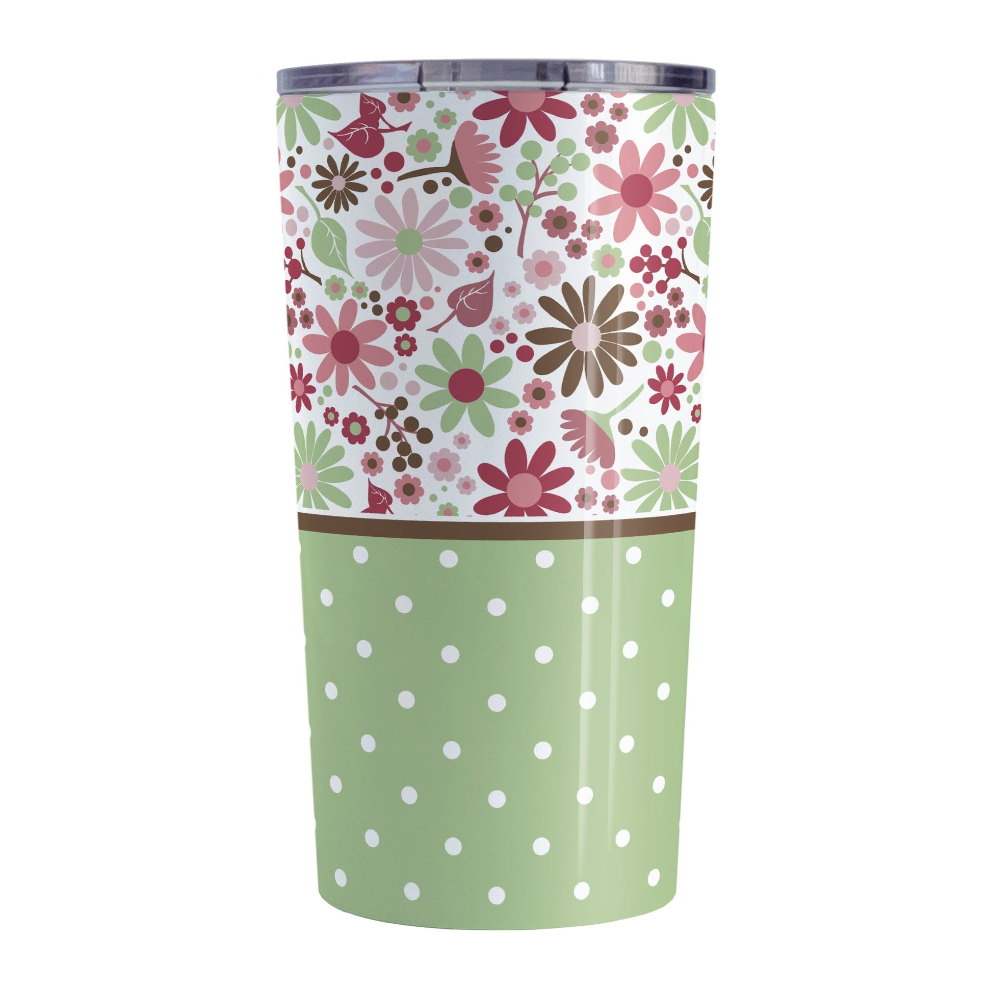 Berry Green Summer Flowers Polka Dot Tumbler Cup (20oz) at Amy's Coffee Mugs. A stainless steel tumbler cup designed with a pretty floral pattern in a gorgeous berry pink color palette with sage green and brown along the top, and a sage green polka dot pattern along the bottom. These patterns wrap around the cup.