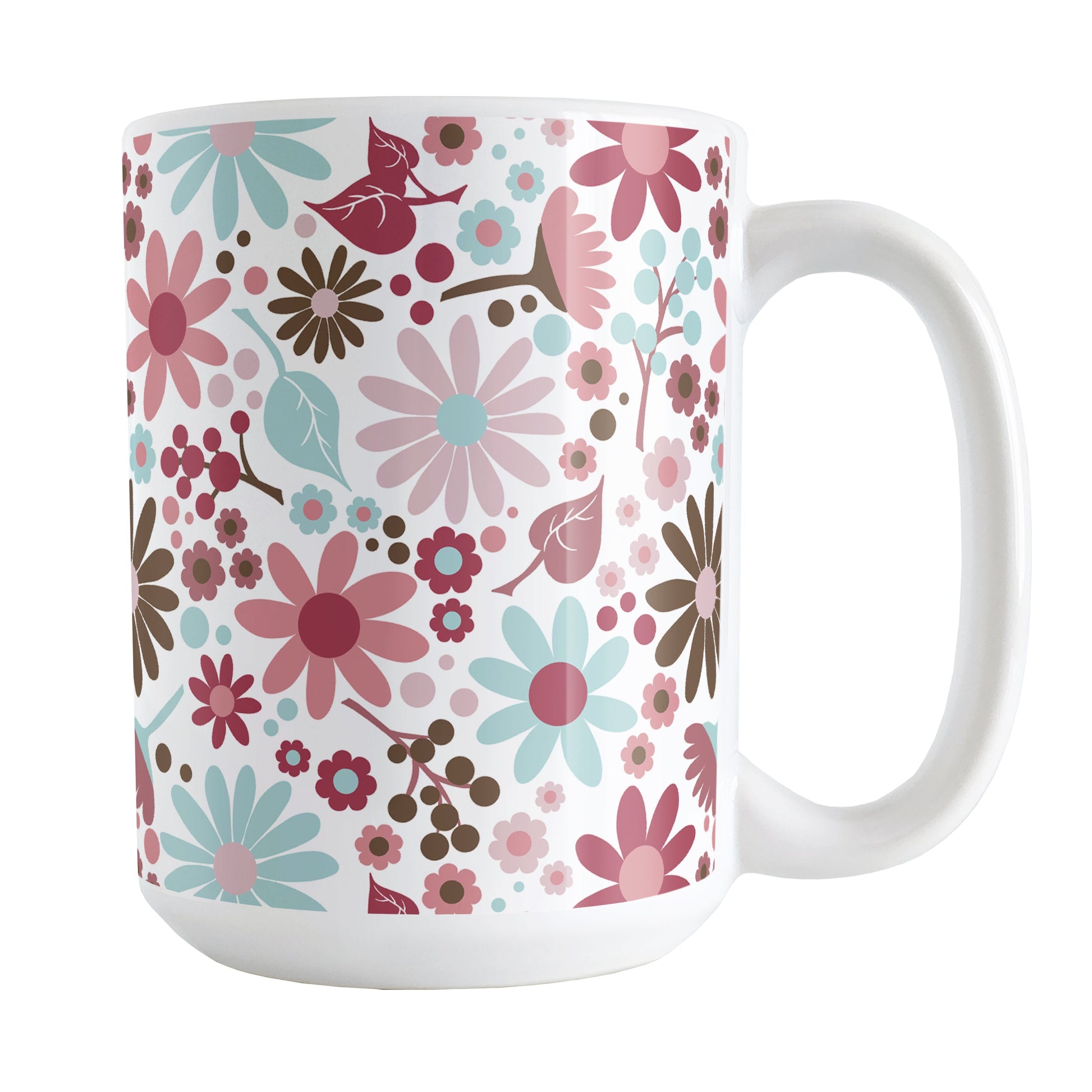 Berry Summer Flowers Mug (15oz) at Amy's Coffee Mugs. A ceramic coffee mugs designed with a lovely summer flowers pattern in beautiful berry pink hues, accented with aqua blue and brown, that wraps around the mug to the handle.