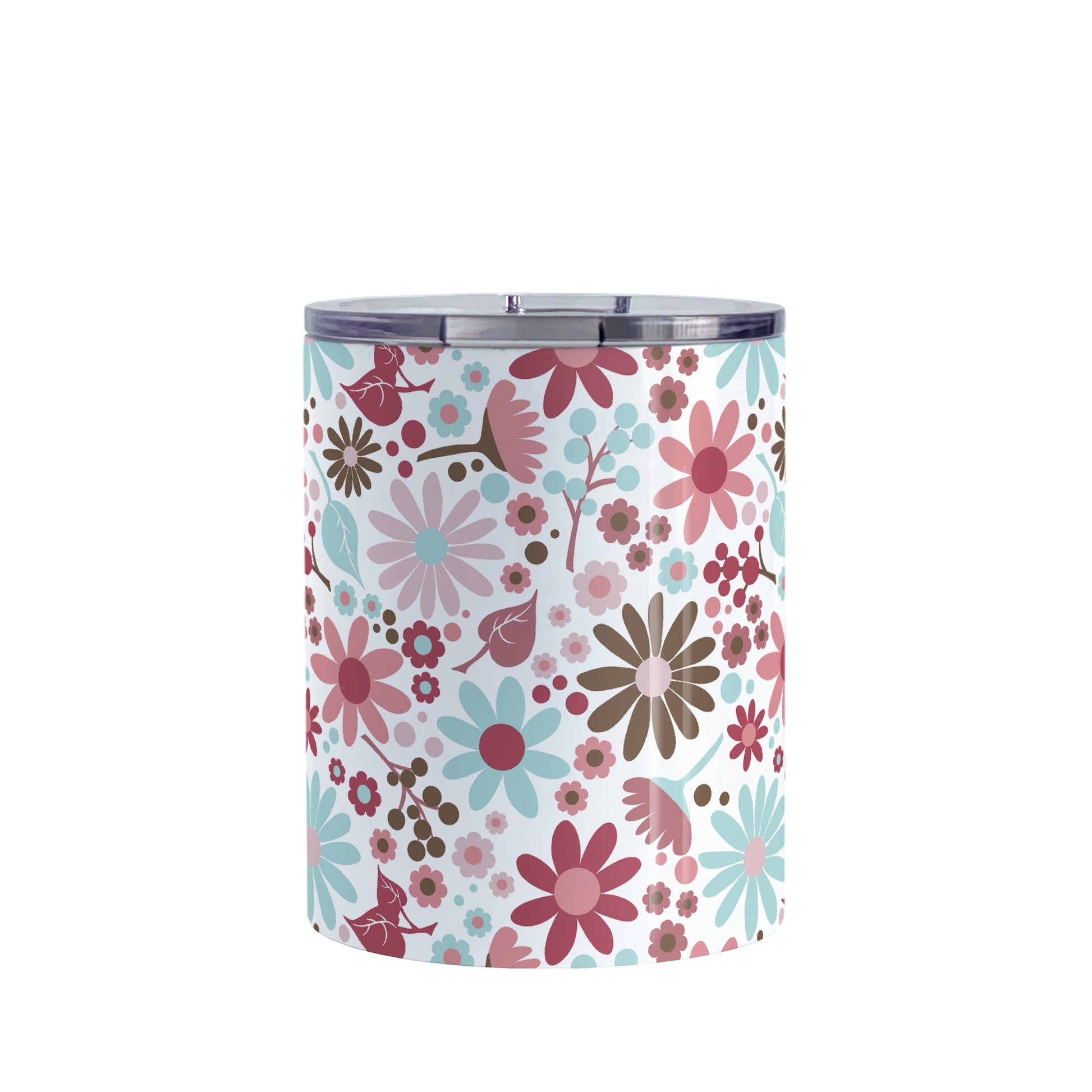 Berry Summer Flowers Tumbler Cup (10oz, stainless steel insulated) at Amy's Coffee Mugs. A tumbler cup designed with a lovely summer flowers pattern in beautiful berry pink hues, accented with aqua blue and brown, that wraps around the cup.