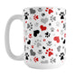 Black and Red Hearts and Paw Prints Mug (15oz) at Amy's Coffee Mugs. A ceramic coffee mug designed with a pattern of hearts and paw prints in red and different shades of black and gray that wraps around the mug to the handle. This mug is perfect for people love dogs and cute paw print designs.