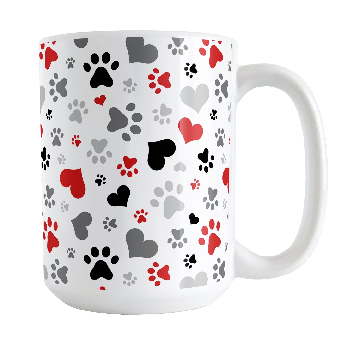Black and Red Hearts and Paw Prints Mug (15oz) at Amy's Coffee Mugs. A ceramic coffee mug designed with a pattern of hearts and paw prints in red and different shades of black and gray that wraps around the mug to the handle. This mug is perfect for people love dogs and cute paw print designs.