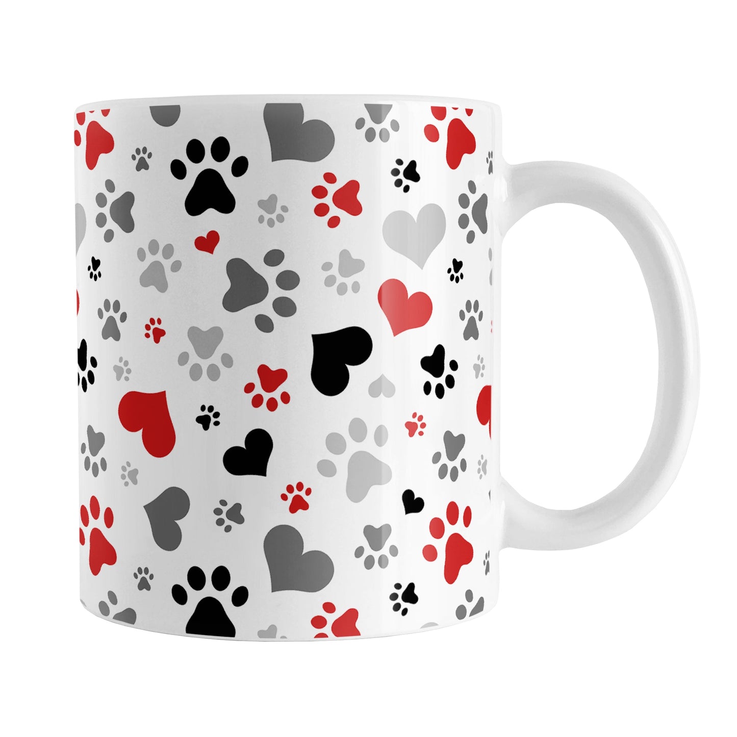 Black and Red Hearts and Paw Prints Mug (11oz) at Amy's Coffee Mugs. A ceramic coffee mug designed with a pattern of hearts and paw prints in red and different shades of black and gray that wraps around the mug to the handle. This mug is perfect for people love dogs and cute paw print designs.