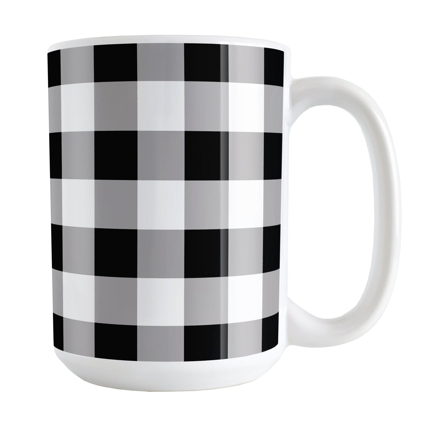 Black and White Buffalo Plaid Mug (15oz) at Amy's Coffee Mugs. A ceramic coffee mug designed with a black and white buffalo plaid (buffalo check) pattern that wraps around the mug to the handle.