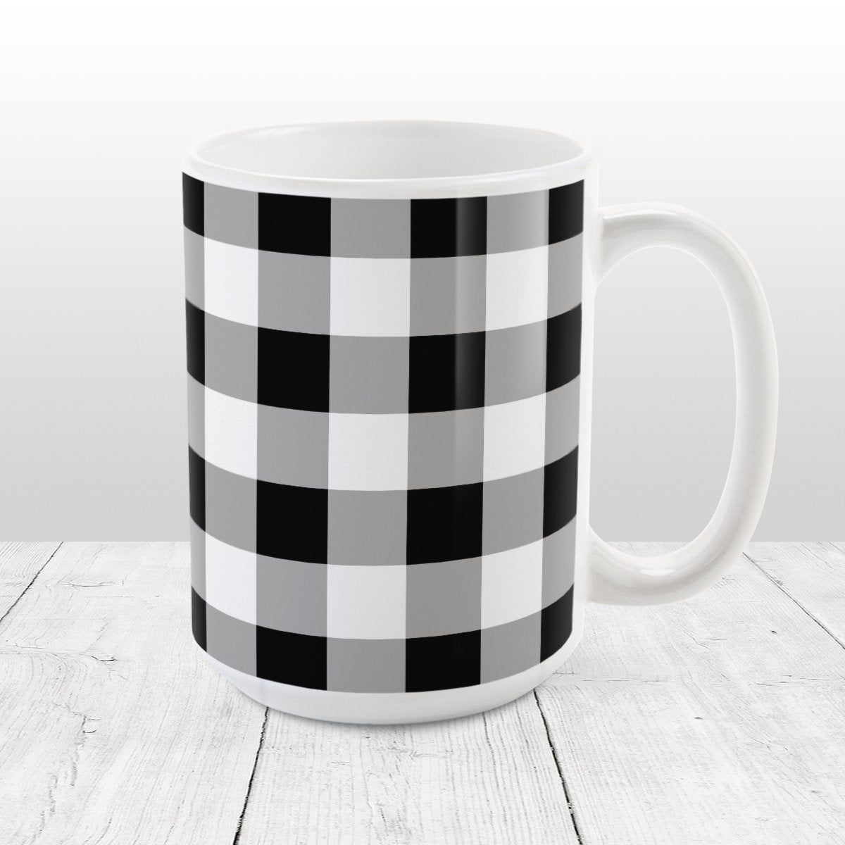 Black and White Buffalo Plaid Mug at Amy's Coffee Mugs. A ceramic coffee mug designed with a black and white buffalo plaid (buffalo check) pattern that wraps around the mug to the handle.