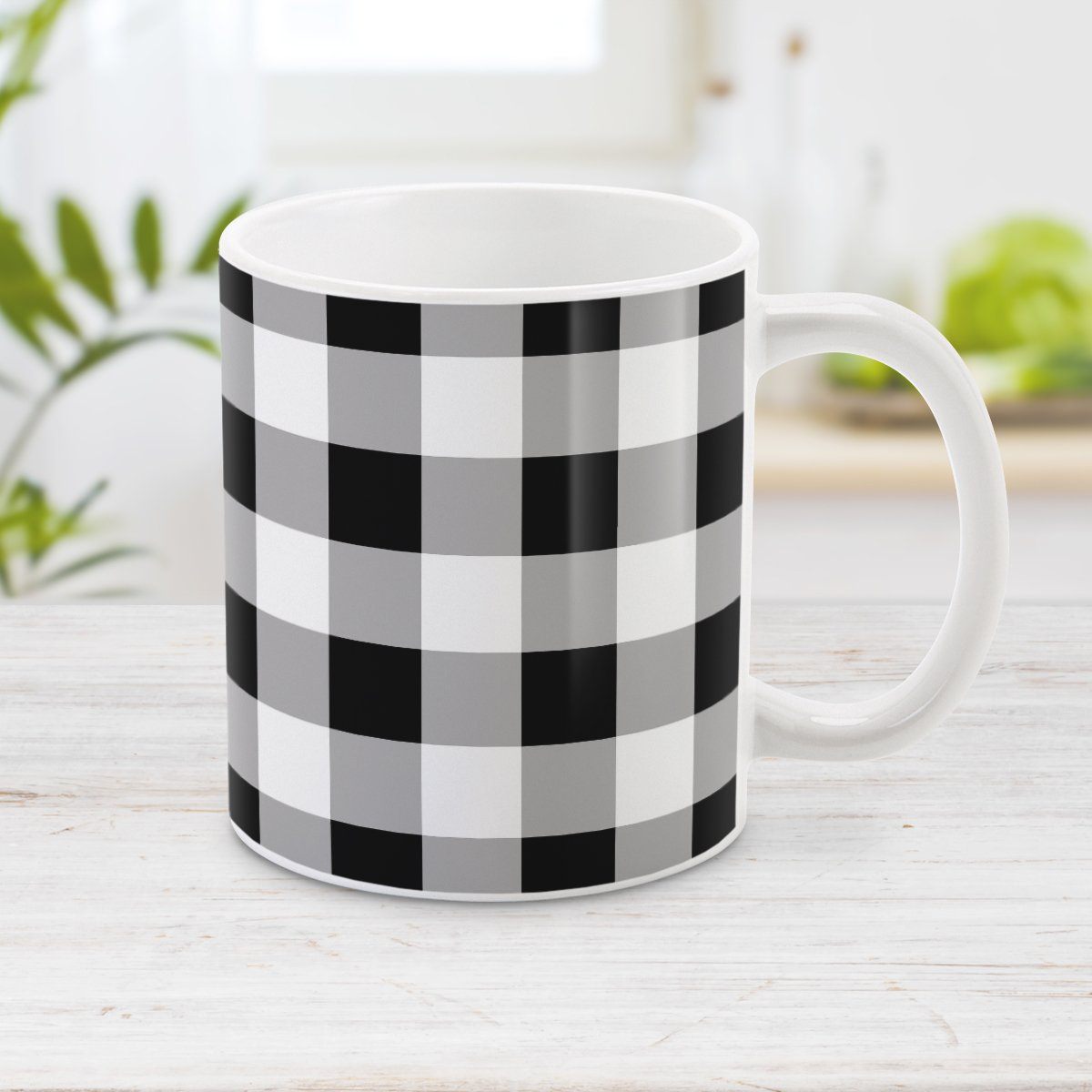 Black and White Buffalo Plaid Mug at Amy's Coffee Mugs. A ceramic coffee mug designed with a black and white buffalo plaid (buffalo check) pattern that wraps around the mug to the handle.