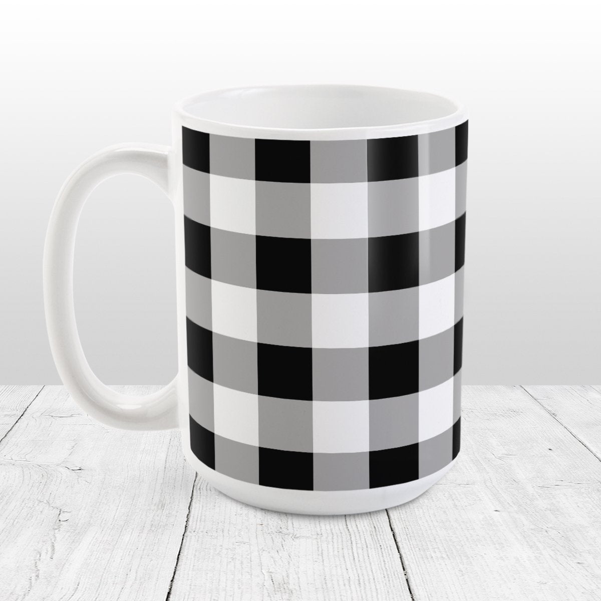 Black and White Buffalo Plaid Mug at Amy's Coffee Mugs. A ceramic coffee mug designed with a black and white buffalo plaid (buffalo check) pattern that wraps around the mug to the handle.