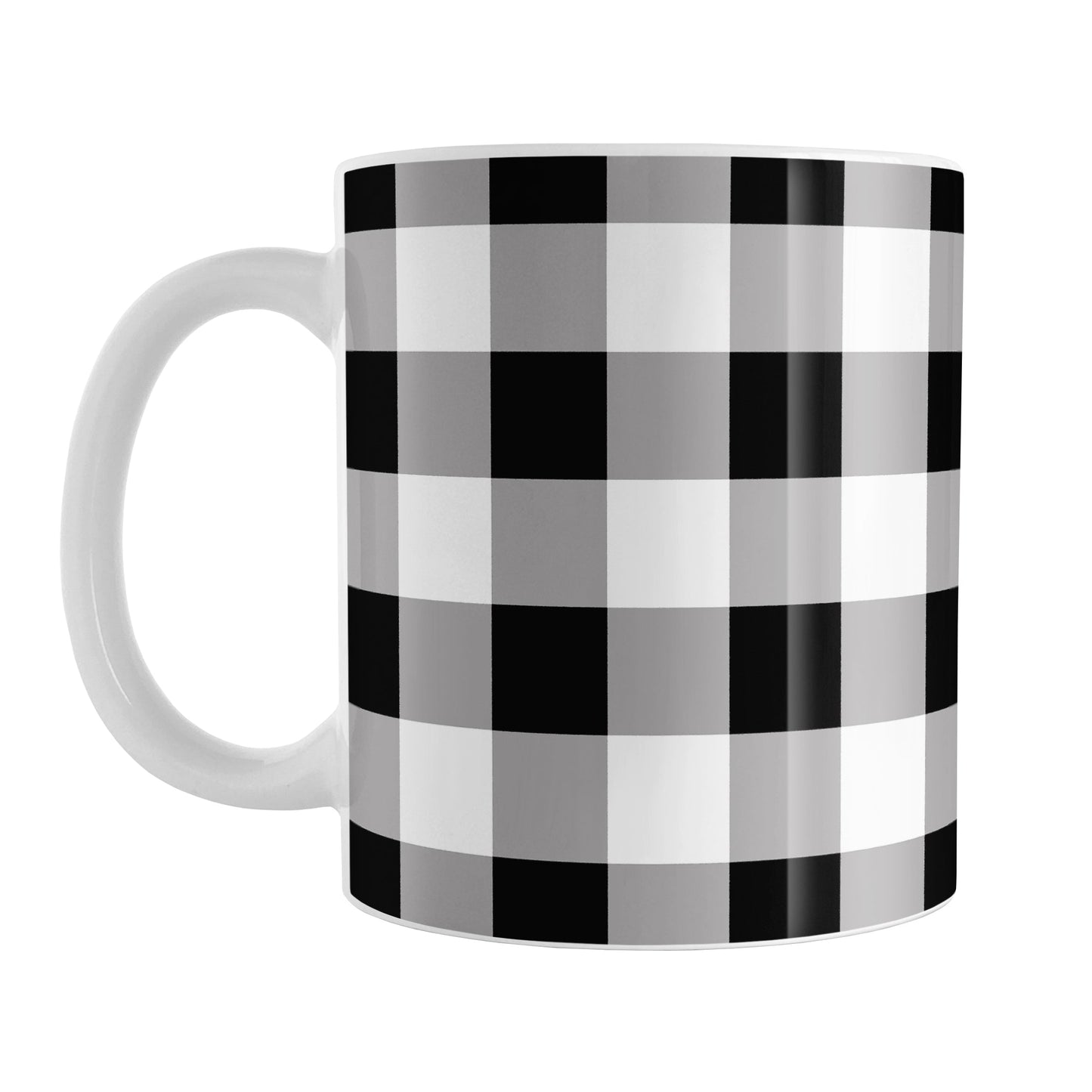 Black and White Buffalo Plaid Mug (11oz) at Amy's Coffee Mugs. A ceramic coffee mug designed with a black and white buffalo plaid (buffalo check) pattern that wraps around the mug to the handle.