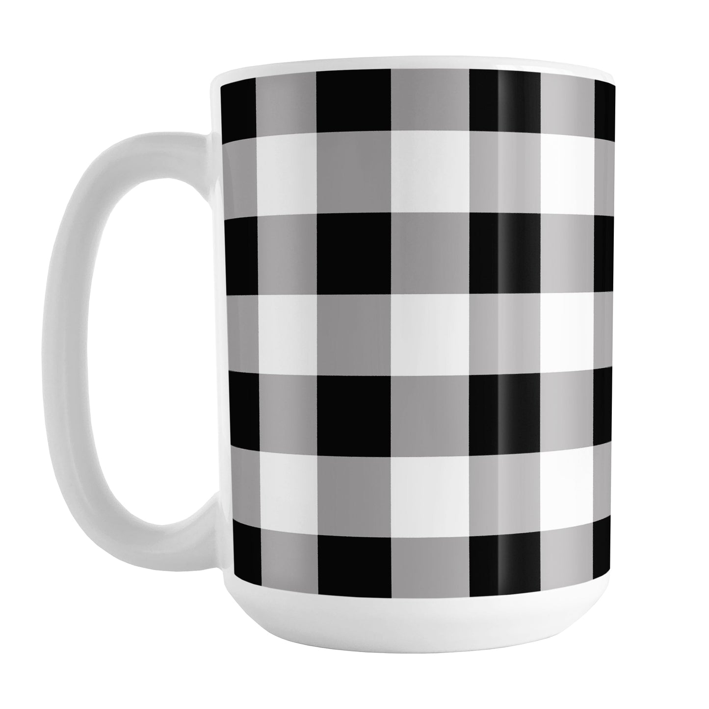 Black and White Buffalo Plaid Mug (15oz) at Amy's Coffee Mugs. A ceramic coffee mug designed with a black and white buffalo plaid (buffalo check) pattern that wraps around the mug to the handle.