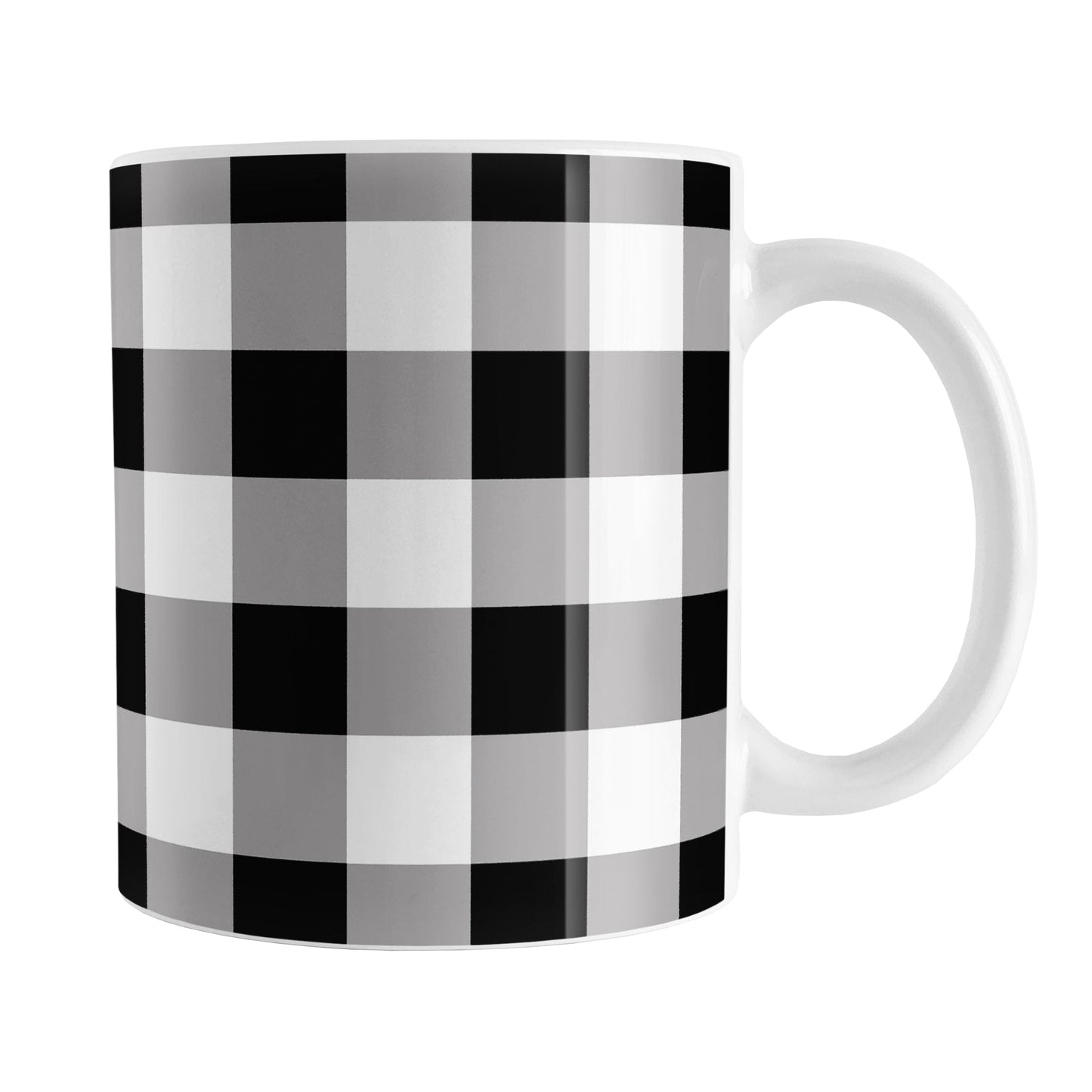 Black and White Buffalo Plaid Mug (11oz) at Amy's Coffee Mugs. A ceramic coffee mug designed with a black and white buffalo plaid (buffalo check) pattern that wraps around the mug to the handle.