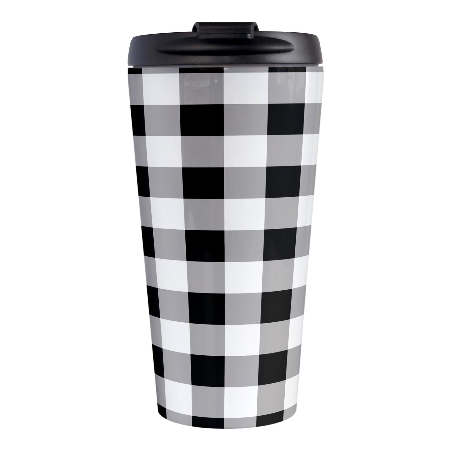 Black and White Buffalo Plaid Travel Mug (15oz, stainless steel insulated) at Amy's Coffee Mugs. A travel mug designed with a black and white buffalo plaid (buffalo check) pattern that wraps around the mug.