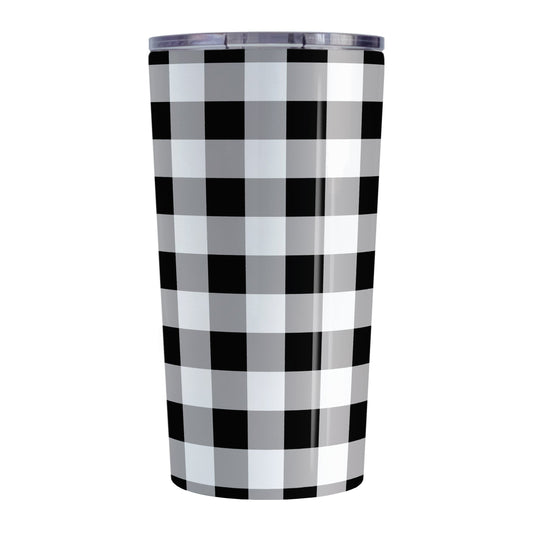 Black and White Buffalo Plaid Tumbler Cup (20oz, stainless steel insulated) at Amy's Coffee Mugs. A tumbler cup designed with a black and white buffalo plaid (buffalo check) pattern that wraps around the cup.