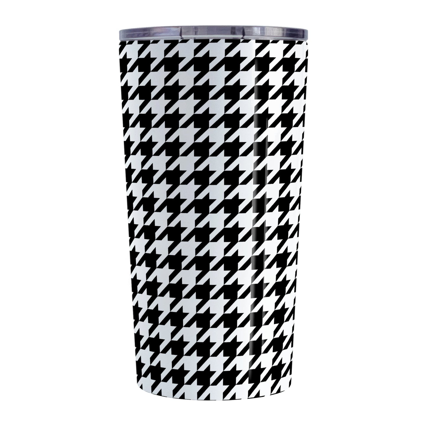 Black and White Houndstooth Tumbler Cup (20oz, stainless steel insulated) at Amy's Coffee Mugs. A tumbler cup designed with a black and white houndstooth (dogtooth) pattern that wraps around the cup.