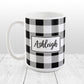 Black and White Personalized Name Buffalo Plaid Mug at Amy's Coffee Mugs