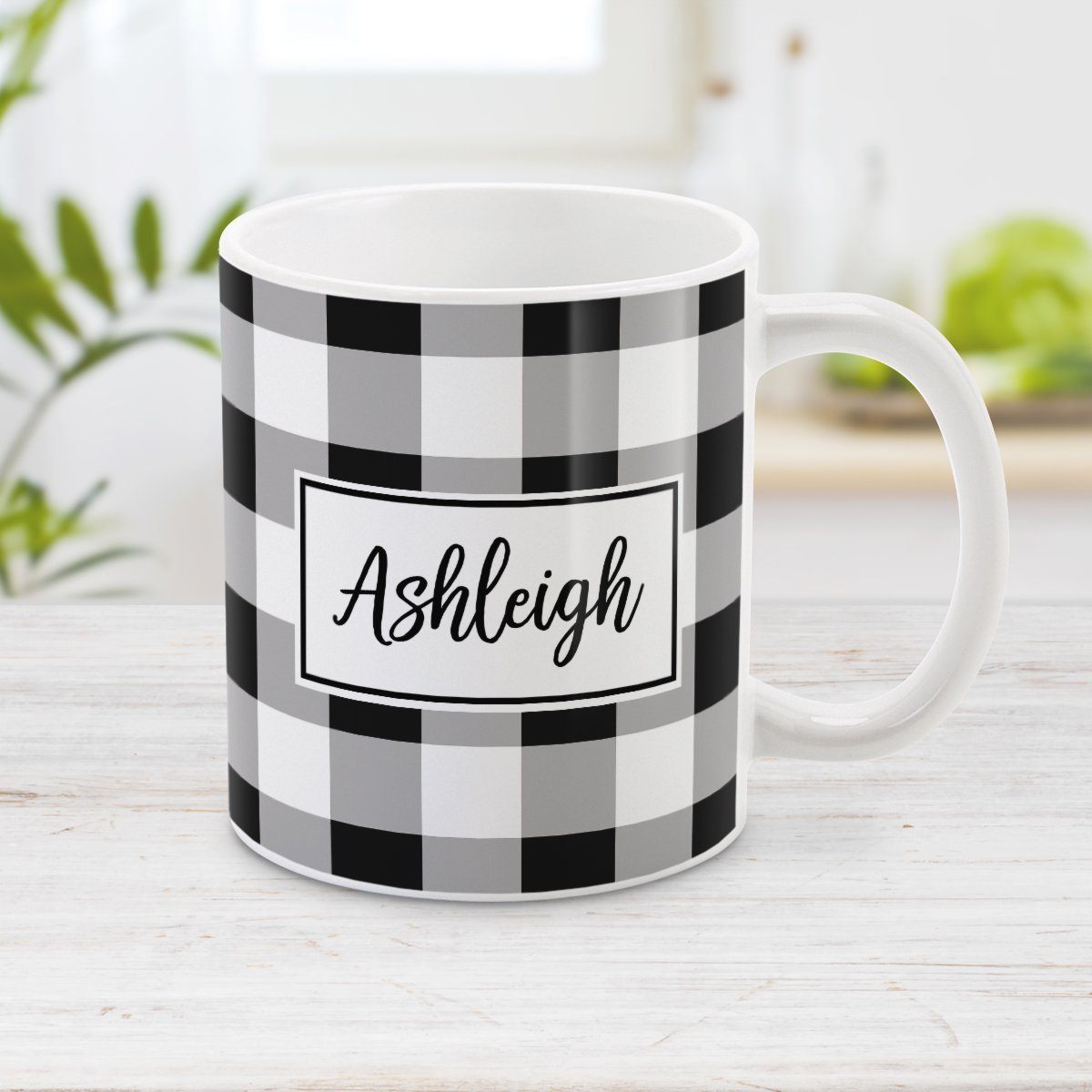 Black and White Personalized Name Buffalo Plaid Mug at Amy's Coffee Mugs