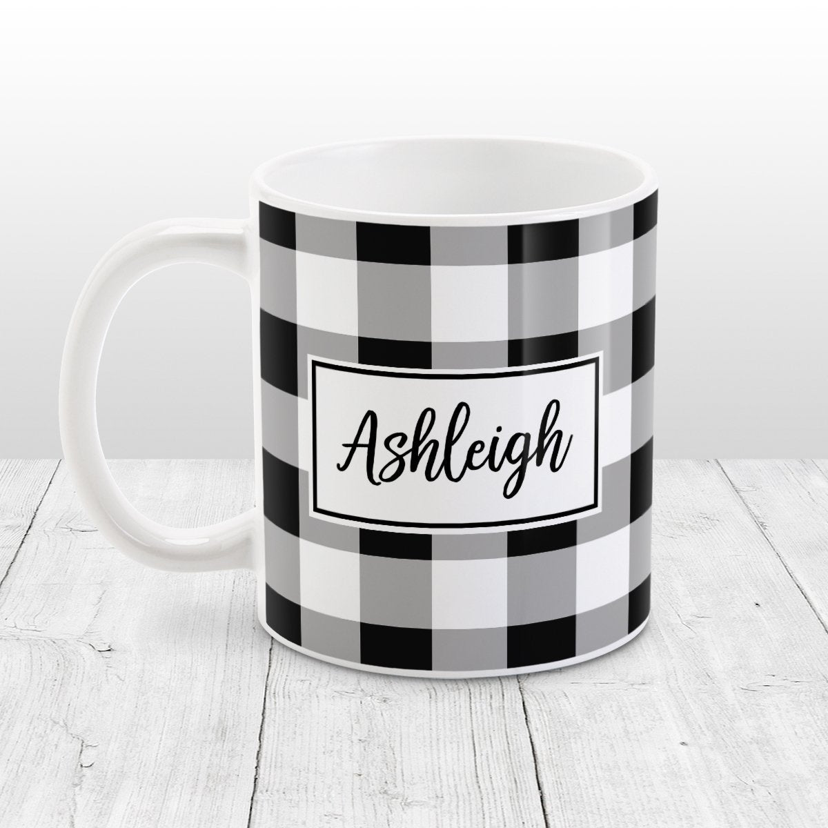 Black and White Personalized Name Buffalo Plaid Mug at Amy's Coffee Mugs