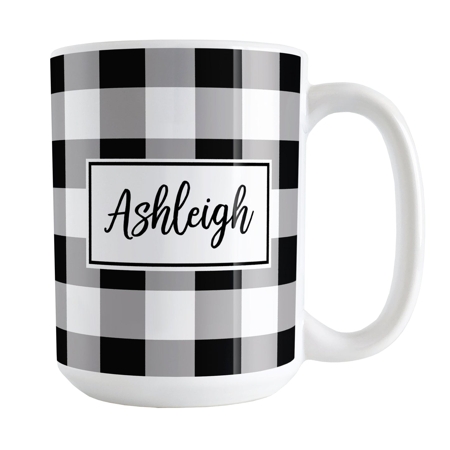 Black and White Personalized Name Buffalo Plaid Mug (15oz) at Amy's Coffee Mugs