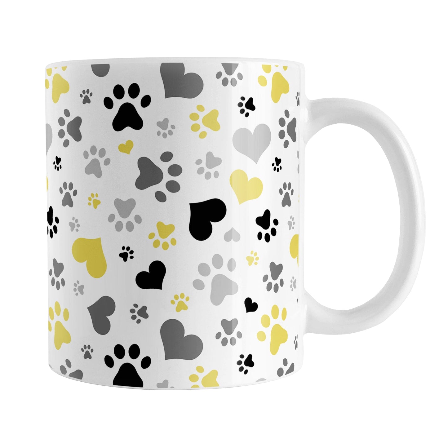 Black and Yellow Hearts and Paw Prints Mug (11oz) at Amy's Coffee Mugs. A ceramic coffee mug designed with a pattern of hearts and paw prints in red and different shades of black and gray that wraps around the mug to the handle. This mug is perfect for people love dogs and cute paw print designs.