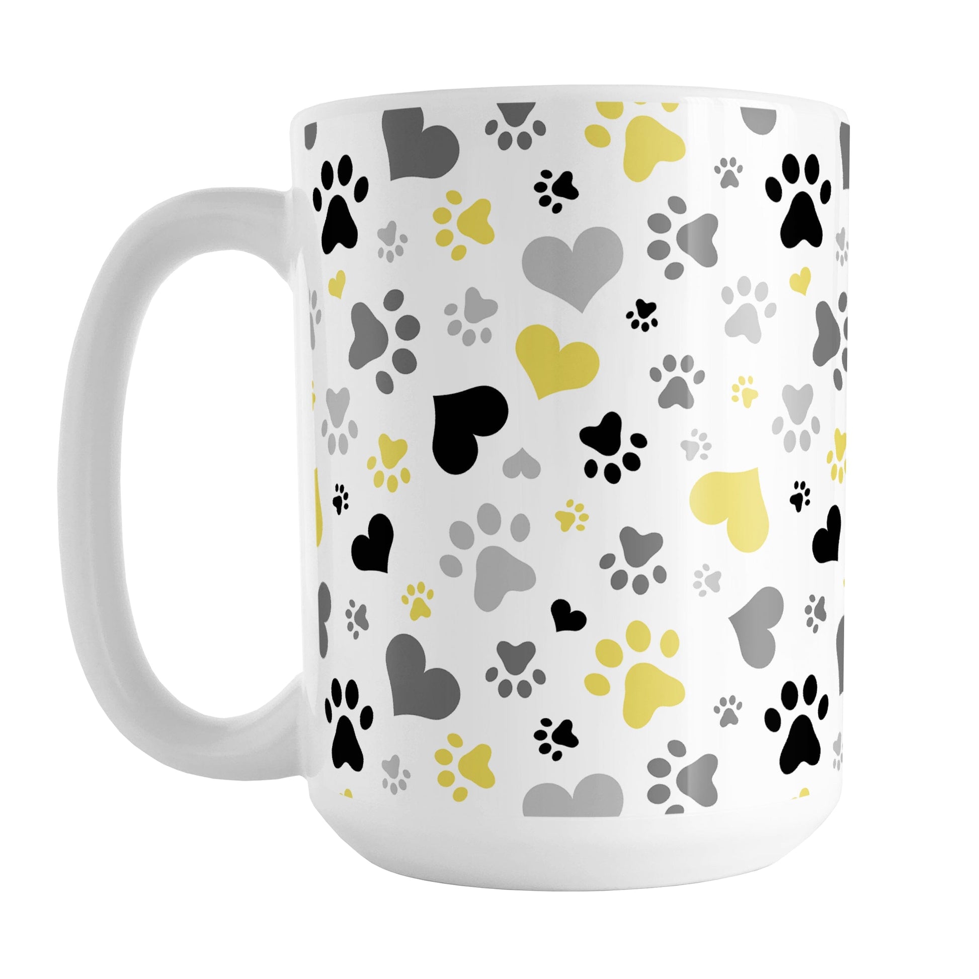 Black and Yellow Hearts and Paw Prints Mug (15oz) at Amy's Coffee Mugs. A ceramic coffee mug designed with a pattern of hearts and paw prints in red and different shades of black and gray that wraps around the mug to the handle. This mug is perfect for people love dogs and cute paw print designs.