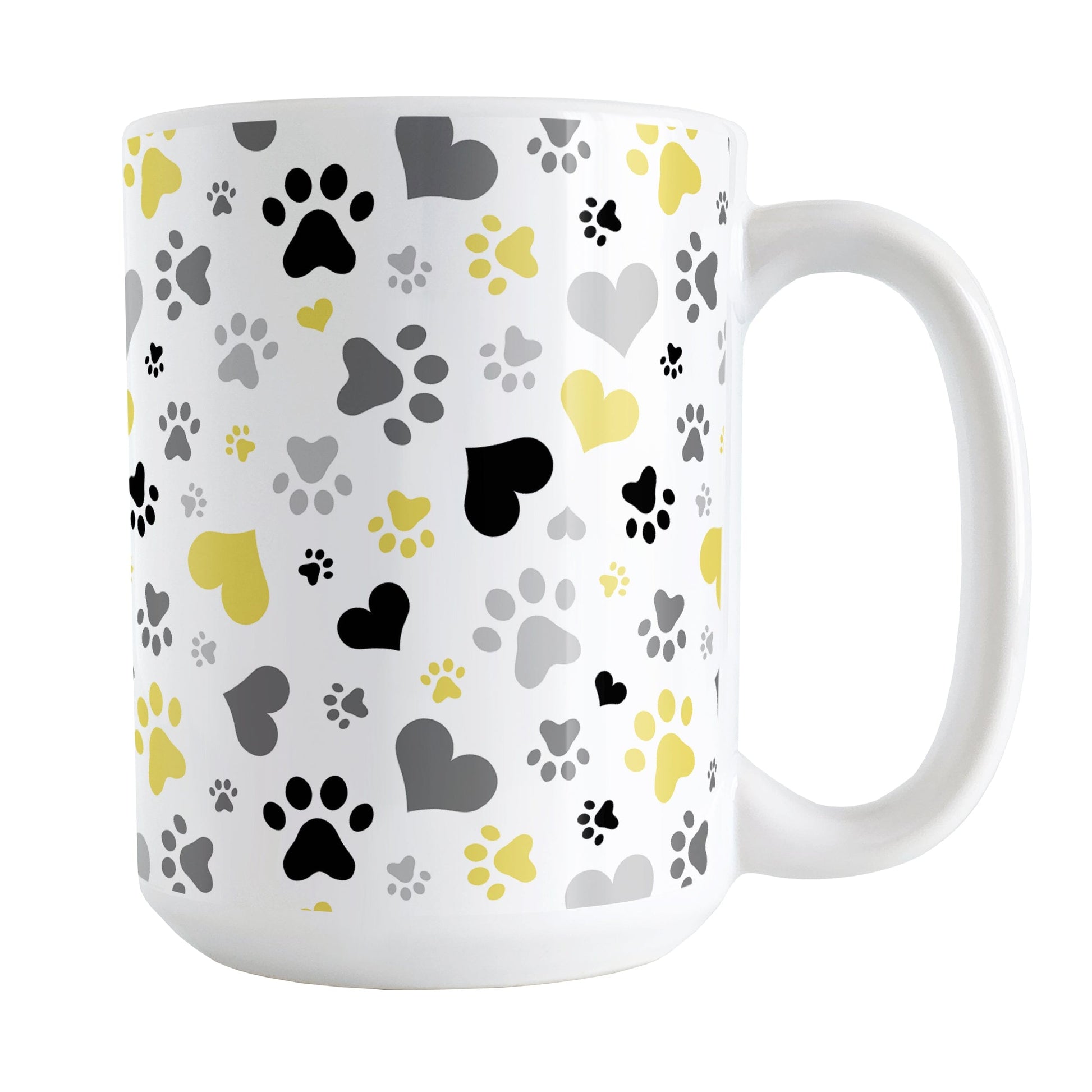 Black and Yellow Hearts and Paw Prints Mug (15oz) at Amy's Coffee Mugs. A ceramic coffee mug designed with a pattern of hearts and paw prints in red and different shades of black and gray that wraps around the mug to the handle. This mug is perfect for people love dogs and cute paw print designs.