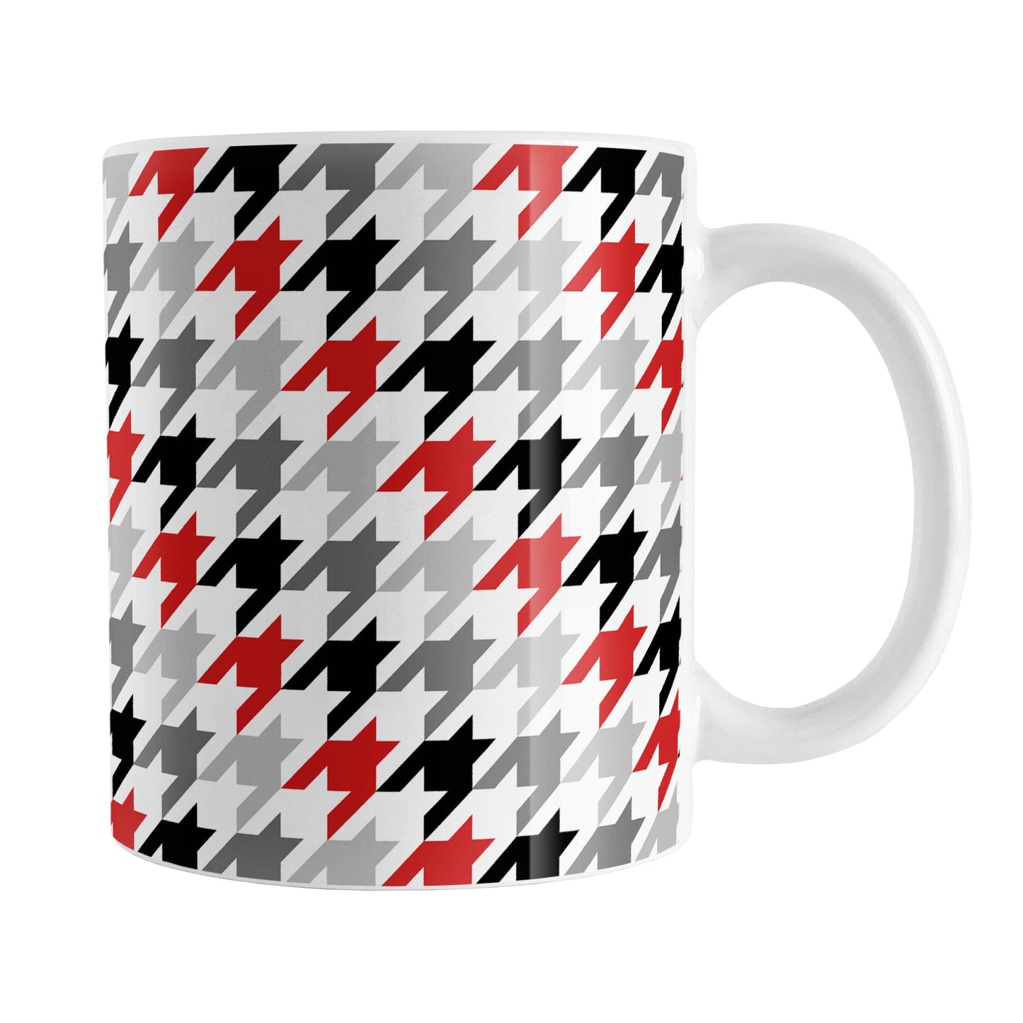 Black Gray Red Houndstooth Mug (11oz) at Amy's Coffee Mugs. A ceramic coffee mug designed with a houndstooth or dogtooth pattern in a black, gray, and red color progression that wraps around the mug to the handle.