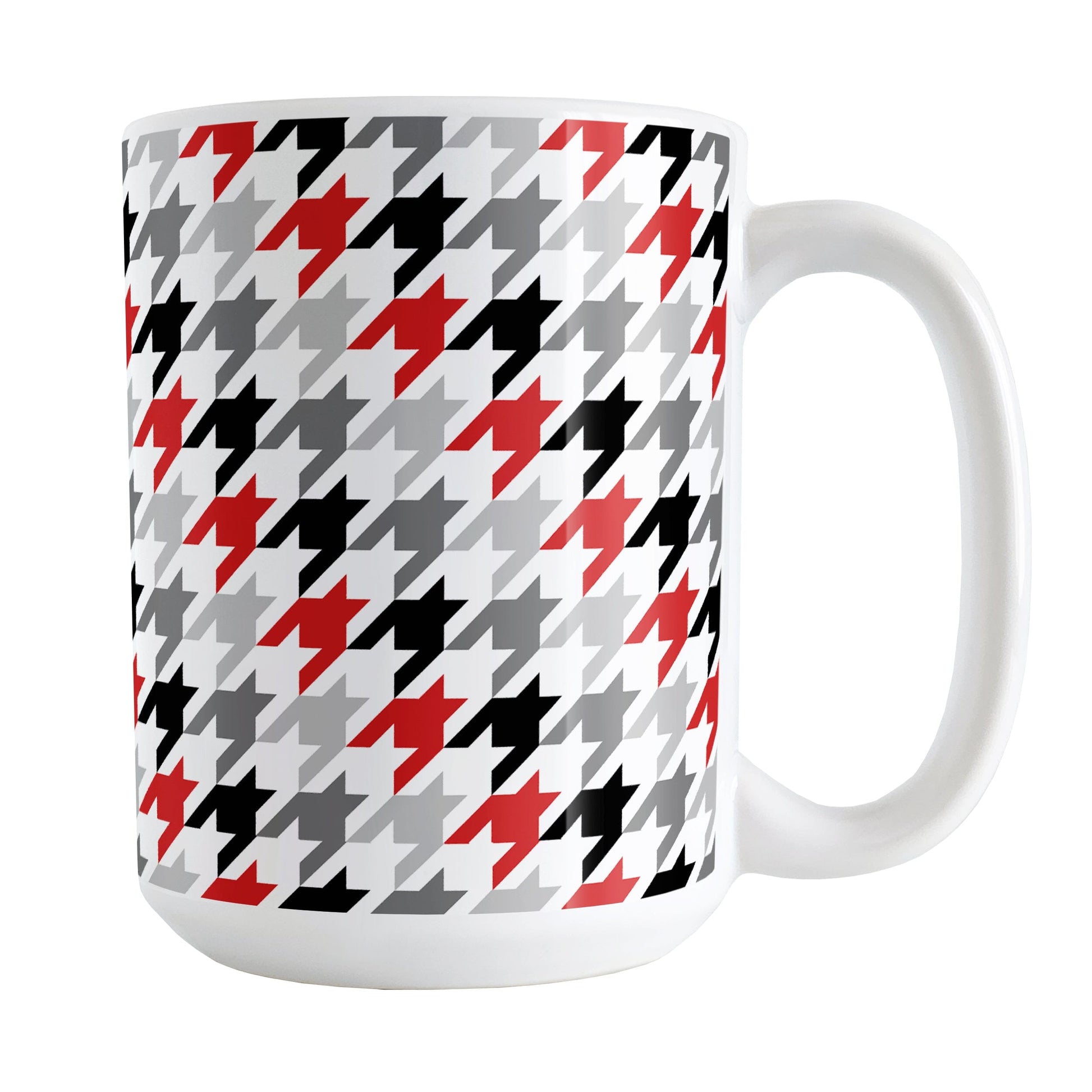 Black Gray Red Houndstooth Mug (15oz) at Amy's Coffee Mugs. A ceramic coffee mug designed with a houndstooth or dogtooth pattern in a black, gray, and red color progression that wraps around the mug to the handle.