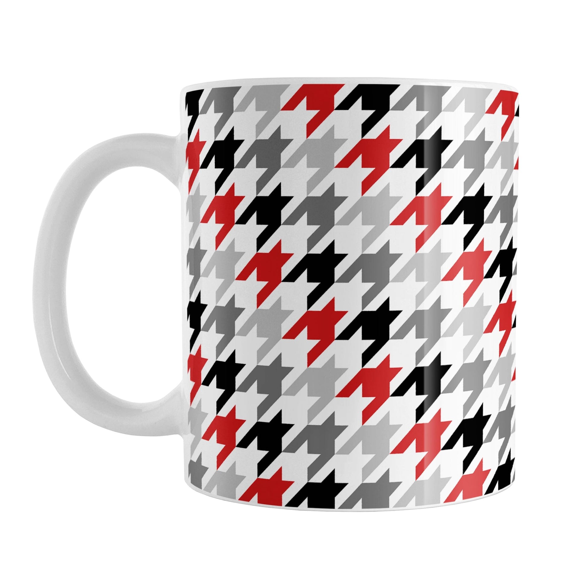 Black Gray Red Houndstooth Mug (11oz) at Amy's Coffee Mugs. A ceramic coffee mug designed with a houndstooth or dogtooth pattern in a black, gray, and red color progression that wraps around the mug to the handle.