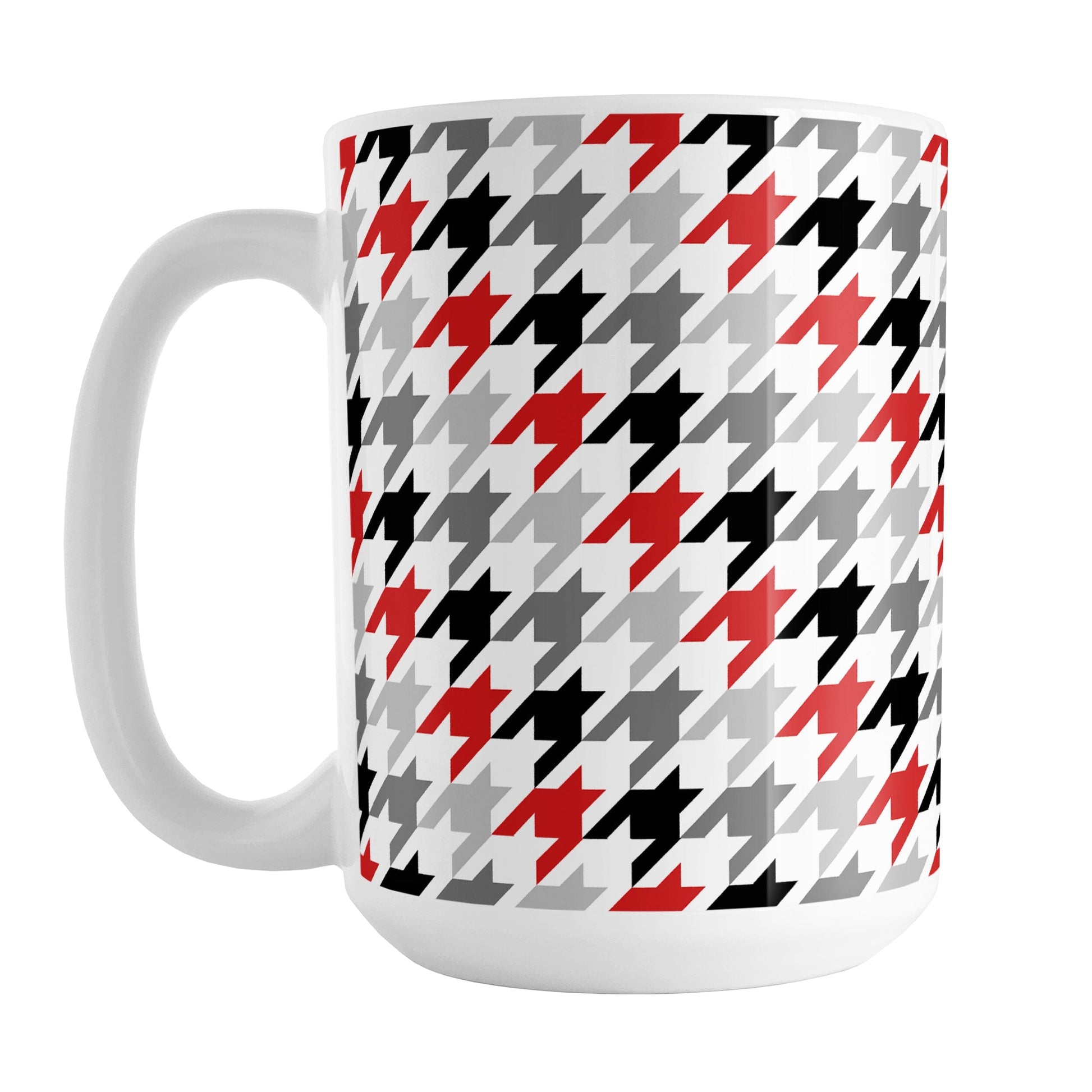 Black Gray Red Houndstooth Mug (15oz) at Amy's Coffee Mugs. A ceramic coffee mug designed with a houndstooth or dogtooth pattern in a black, gray, and red color progression that wraps around the mug to the handle.