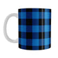 Blue and Black Buffalo Plaid Mug (11oz) at Amy's Coffee Mugs. A ceramic coffee mug designed with a blue and black buffalo plaid (buffalo check) pattern that wraps around the mug up to the handle.