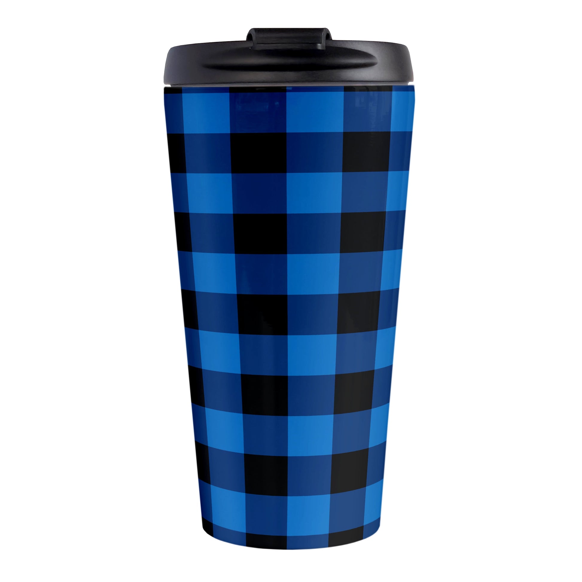 Blue and Black Buffalo Plaid Travel Mug (15oz, stainless steel insulated) at Amy's Coffee Mugs