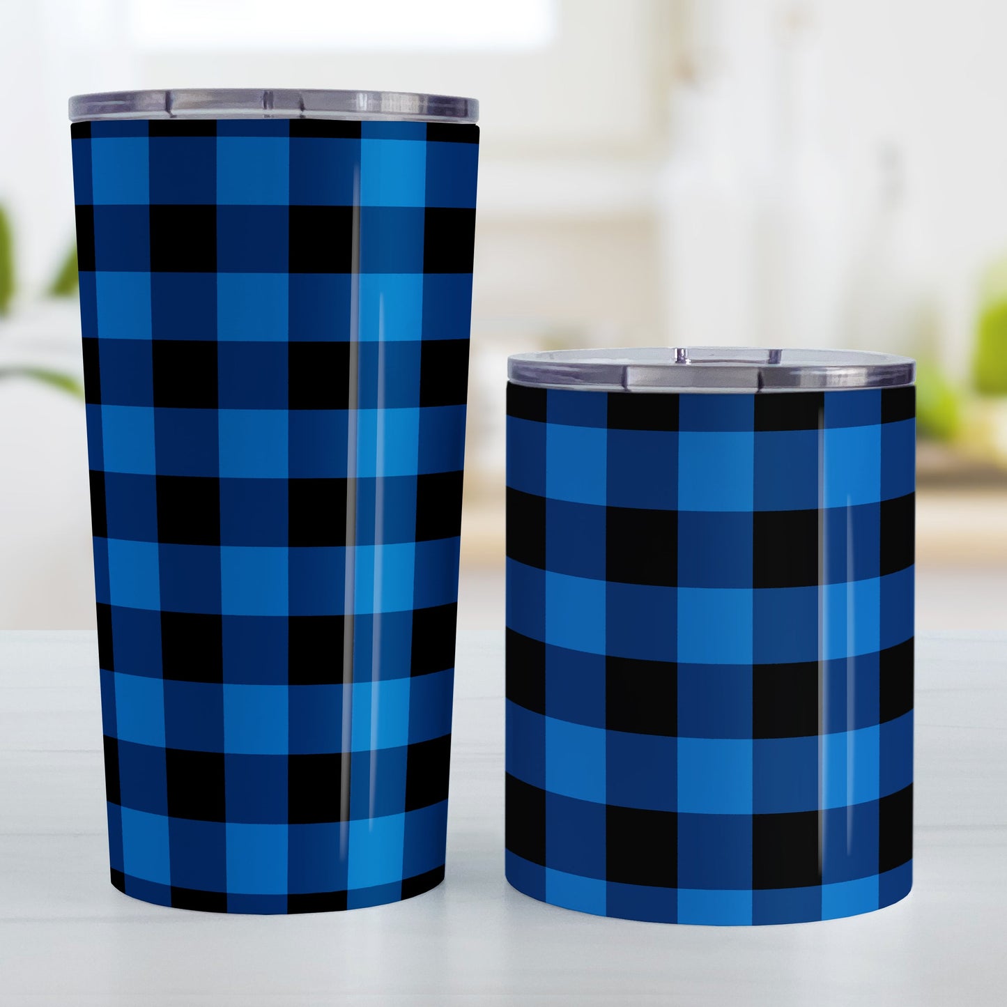 Blue and Black Buffalo Plaid Tumbler Cup (20oz and 10oz, stainless steel insulated) at Amy's Coffee Mugs