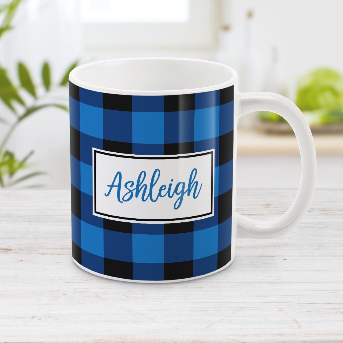 Blue and Black Personalized Name Buffalo Plaid Mug at Amy's Coffee Mugs