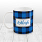 Blue and Black Personalized Name Buffalo Plaid Mug at Amy's Coffee Mugs