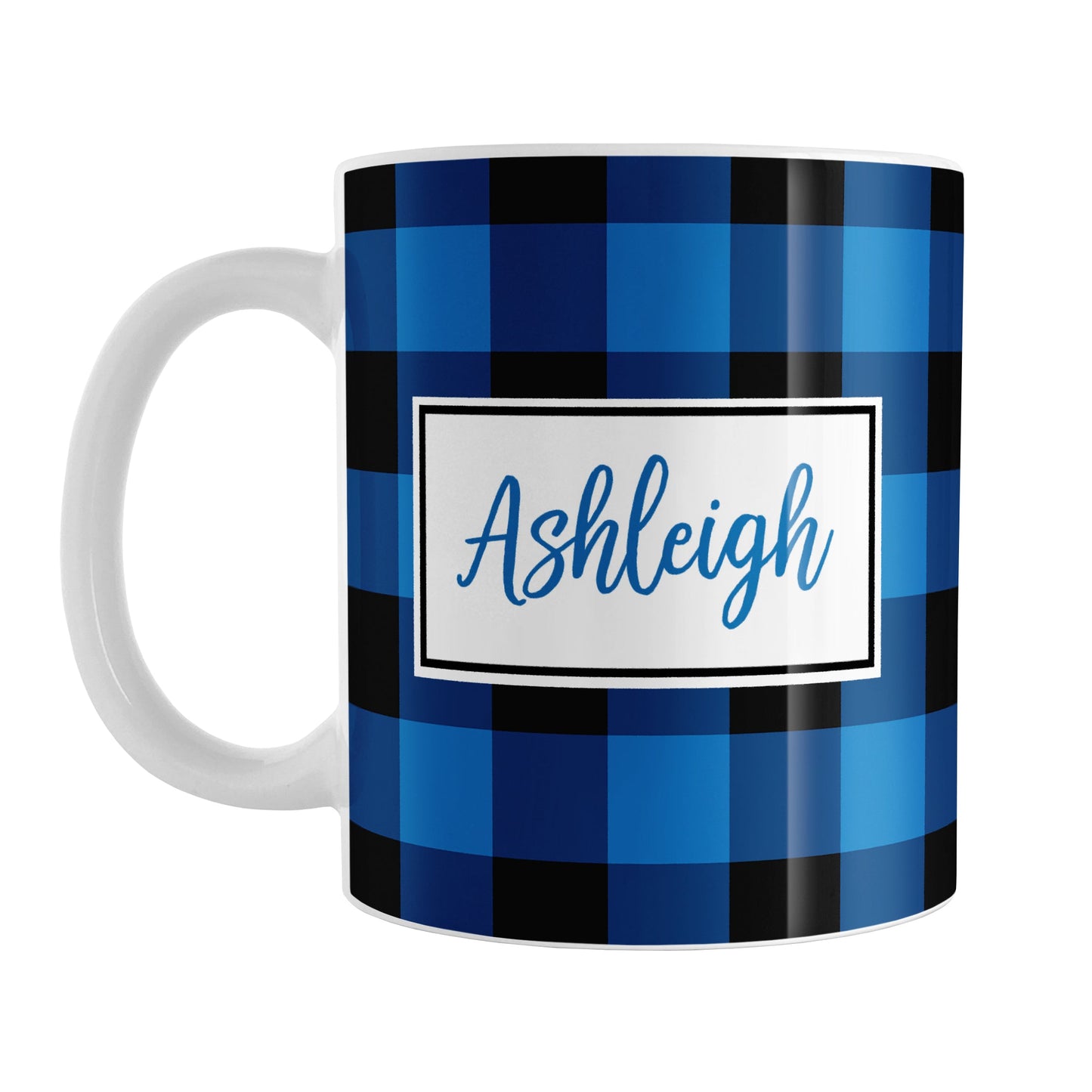 Blue and Black Personalized Name Buffalo Plaid Mug (11oz) at Amy's Coffee Mugs