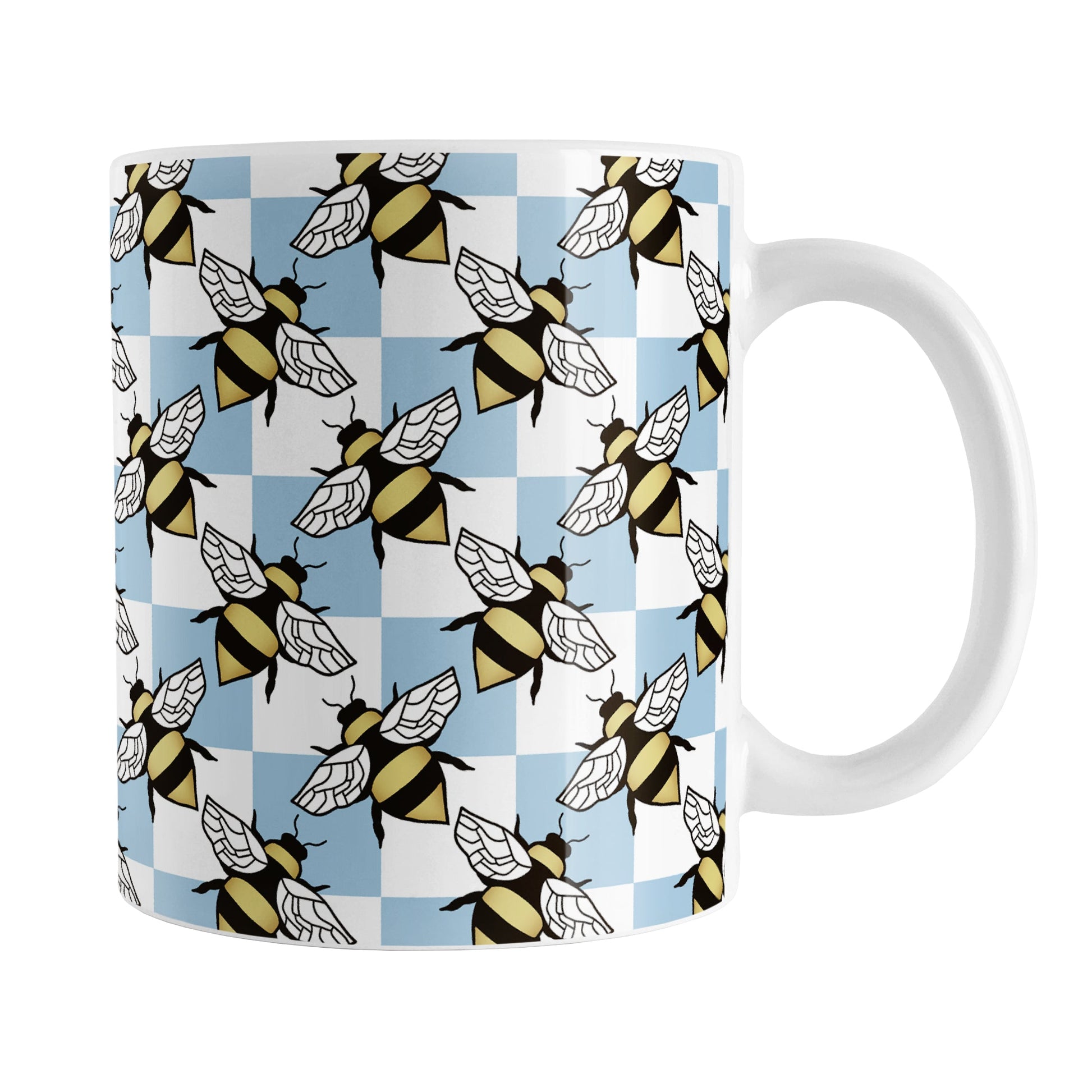Blue Checkered Bee Mug (11oz) at Amy's Coffee Mugs. A ceramic coffee mug designed with a blue and white checkered pattern adorned with alternately facing bees over the check pattern. This design wraps around the mug up to the handle.