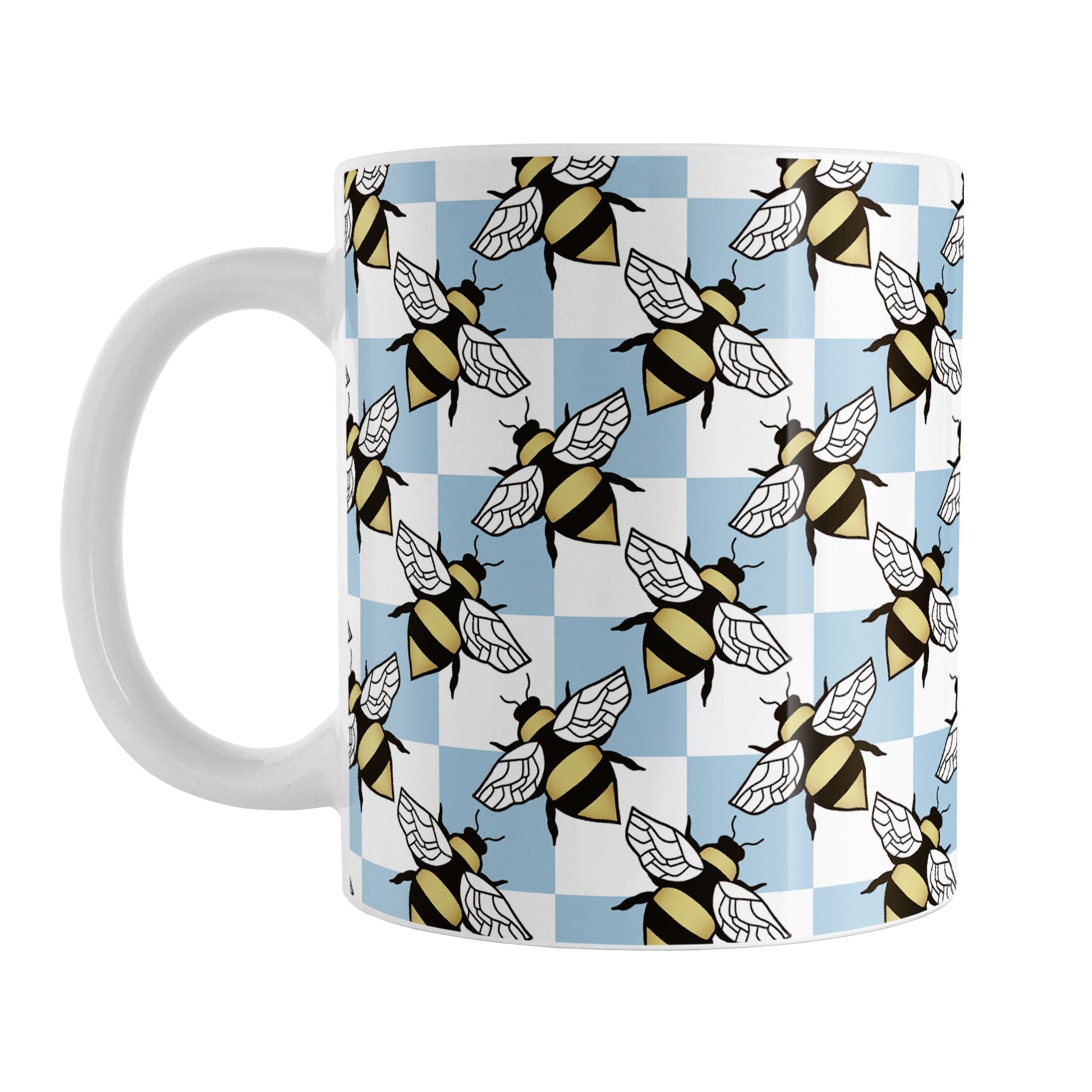 Blue Checkered Bee Mug (11oz) at Amy's Coffee Mugs