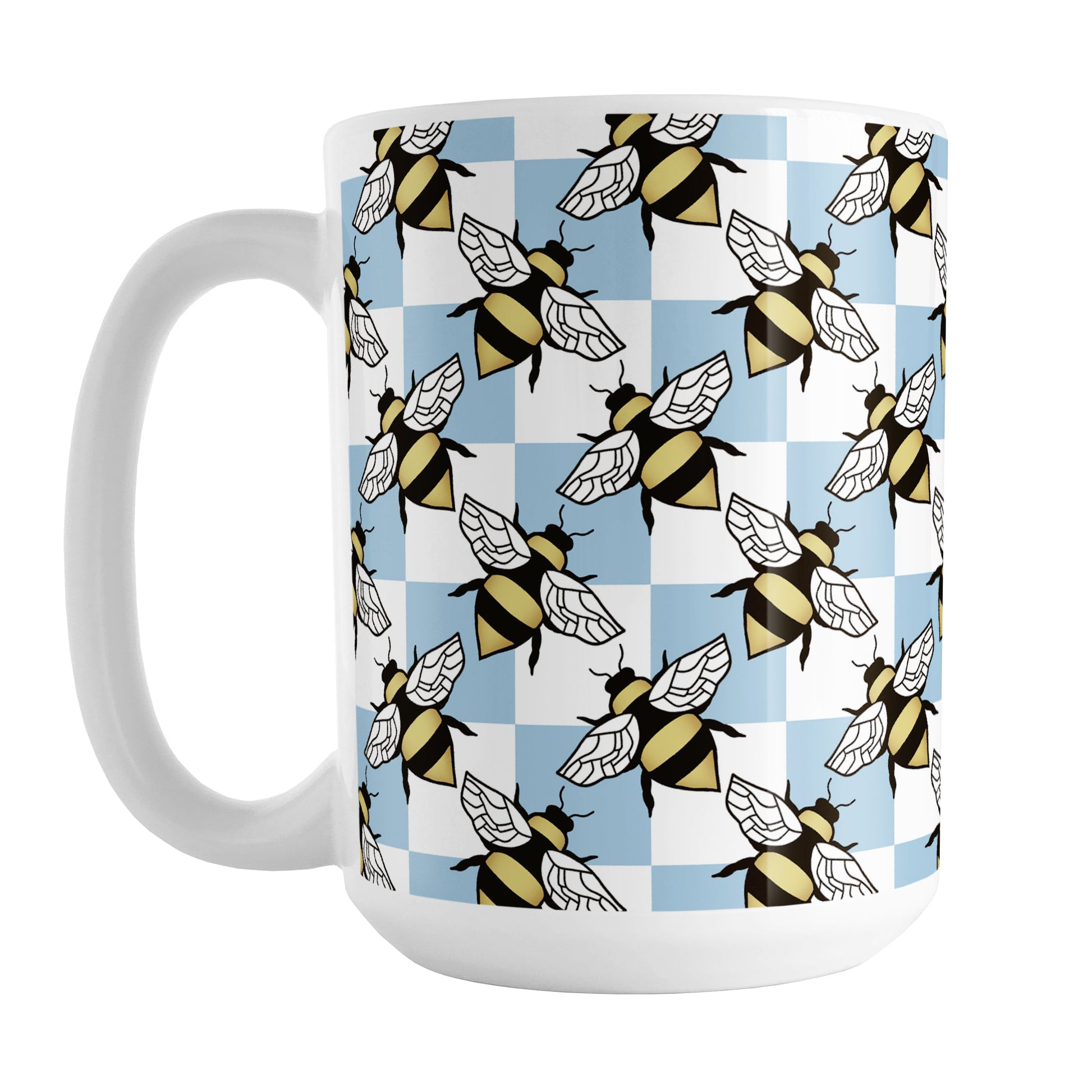 Blue Checkered Bee Mug (15oz) at Amy's Coffee Mugs. A ceramic coffee mug designed with a blue and white checkered pattern adorned with alternately facing bees over the check pattern. This design wraps around the mug up to the handle.