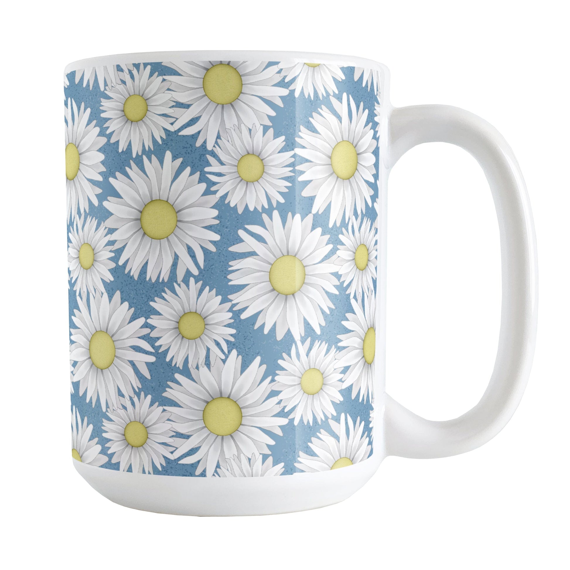 Blue Daisy Pattern Mug (15oz) at Amy's Coffee Mugs. A ceramic coffee mug designed with a pretty pattern of white daisy flowers with yellow centers over a speckled blue background that wraps around the mug to the handle. 