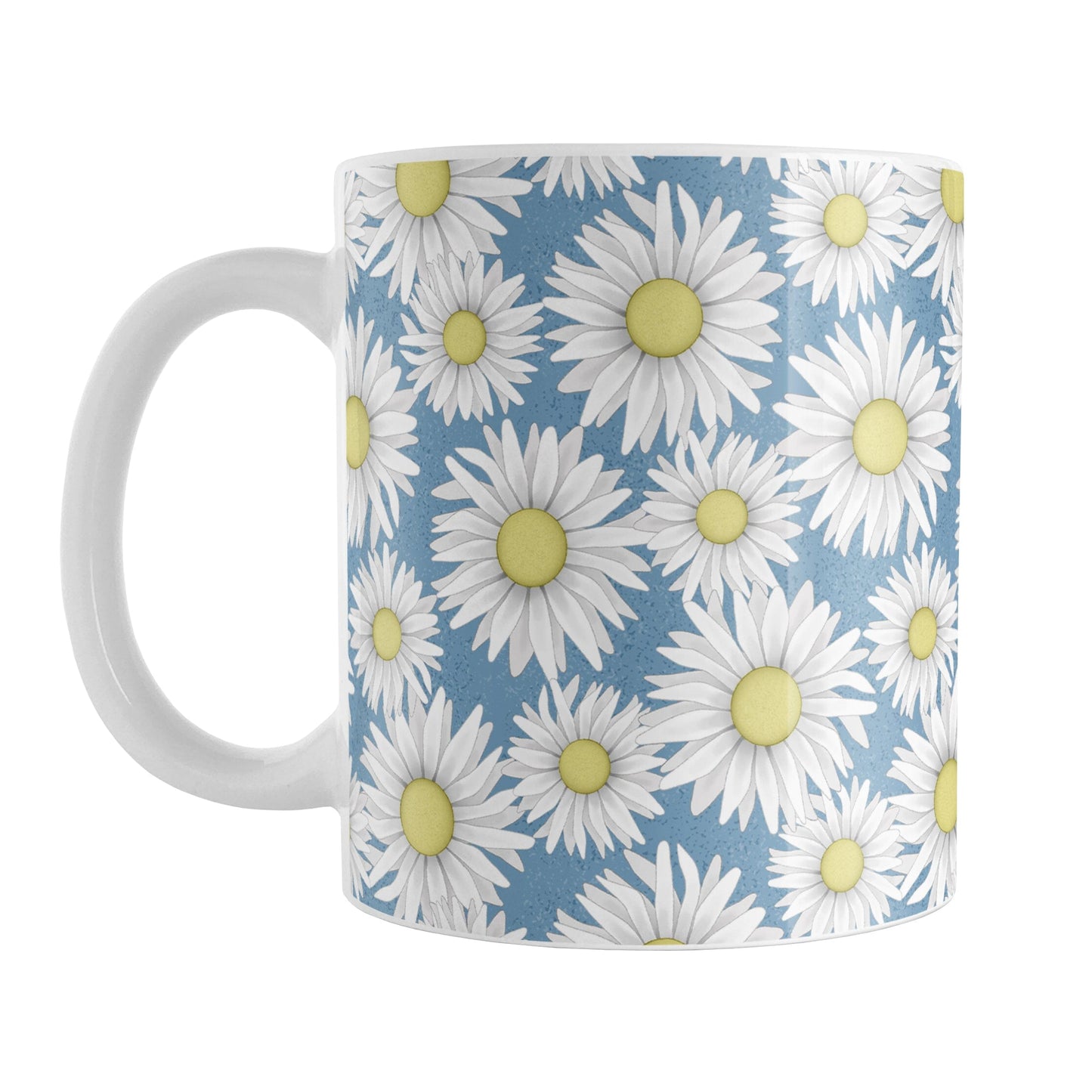 Blue Daisy Pattern Mug (11oz) at Amy's Coffee Mugs. A ceramic coffee mug designed with a pretty pattern of white daisy flowers with yellow centers over a speckled blue background that wraps around the mug to the handle. 