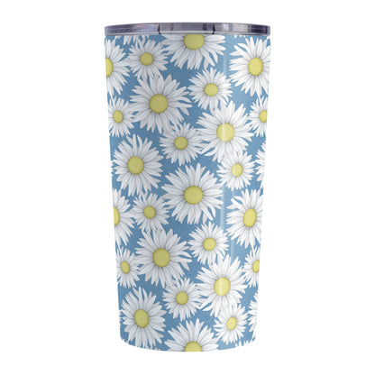 Blue Daisy Pattern Tumbler Cup (20oz) at Amy's Coffee Mugs. A stainless steel tumbler cup designed with a pretty pattern of white daisy flowers with yellow centers over a speckled blue background that wraps around the cup.