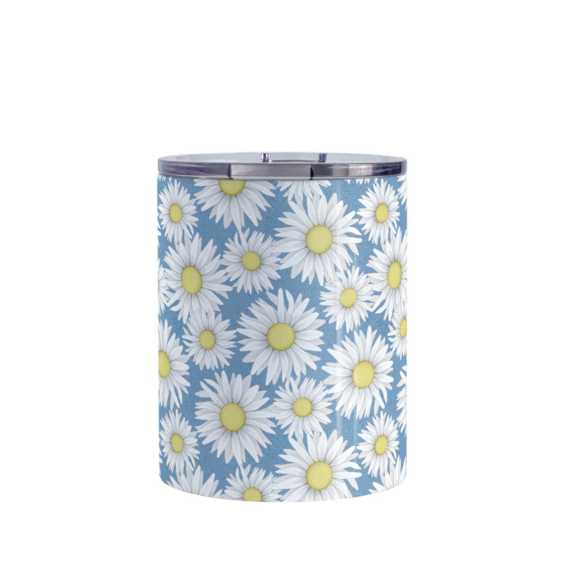 Blue Daisy Pattern Tumbler Cup (10oz) at Amy's Coffee Mugs. A stainless steel tumbler cup designed with a pretty pattern of white daisy flowers with yellow centers over a speckled blue background that wraps around the cup.